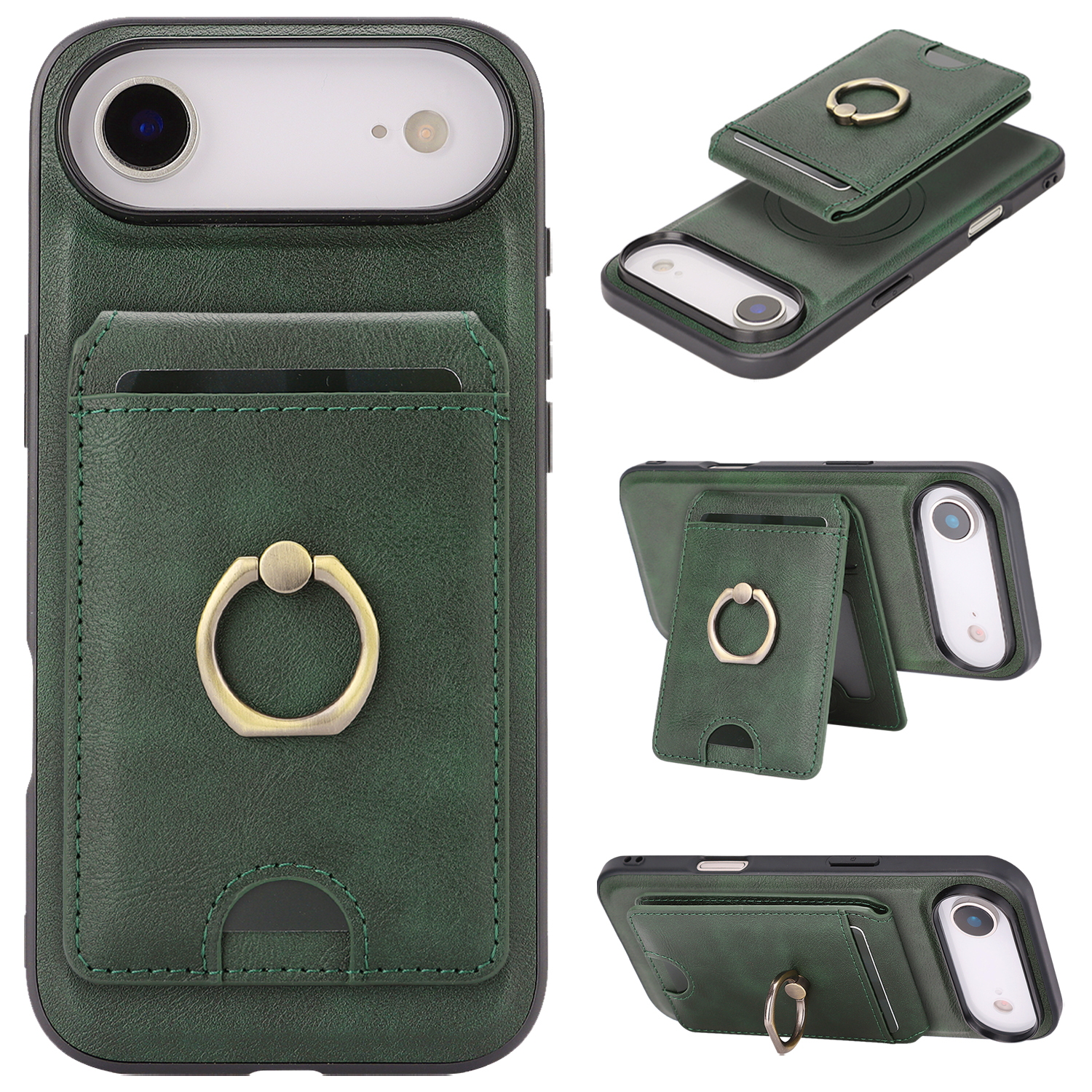 For iPhone Air Case Detachable Card Bag Compatible with MagSafe PU Leather Coated TPU Cover with Ring Kickstand - Green