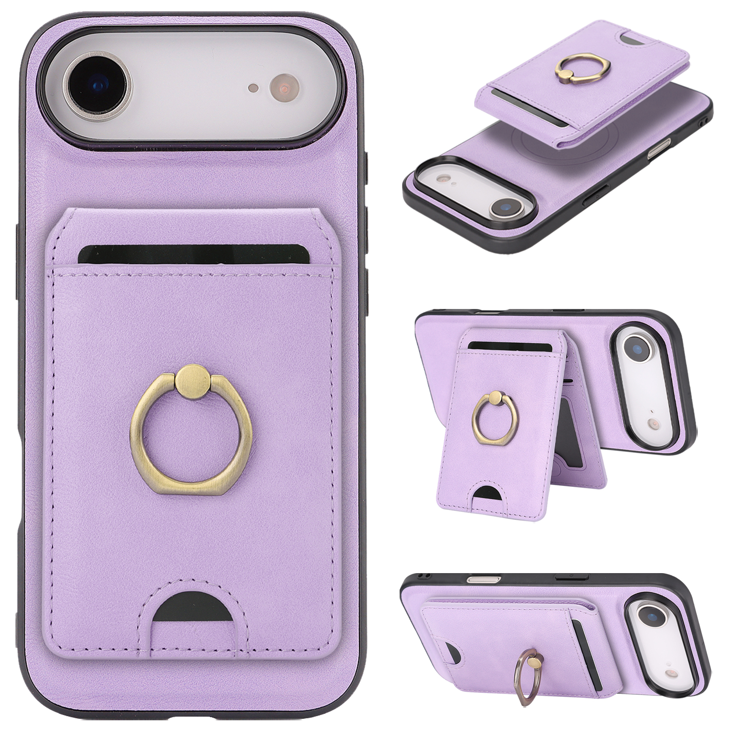 For iPhone Air Case Detachable Card Bag Compatible with MagSafe PU Leather Coated TPU Cover with Ring Kickstand - Purple