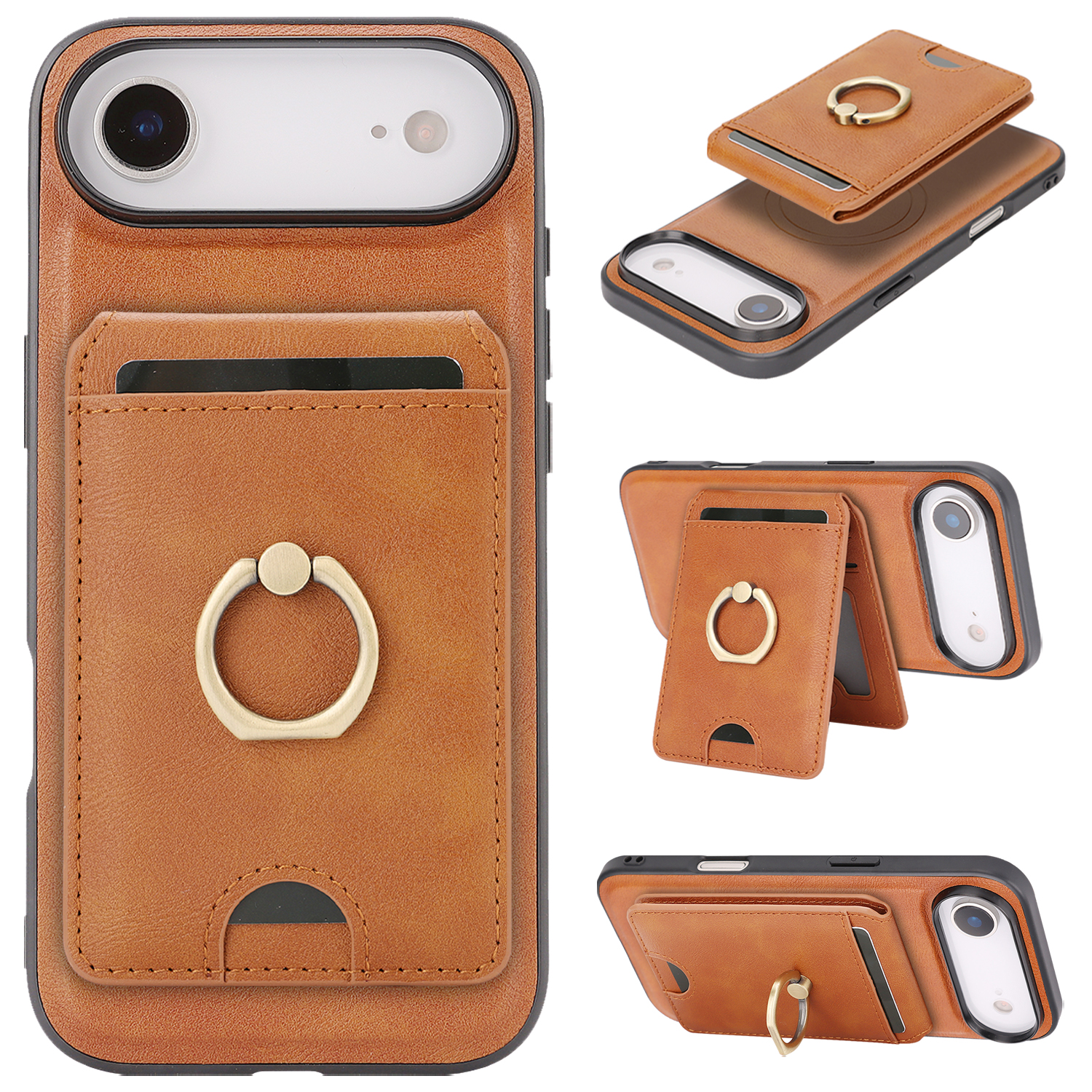 For iPhone Air Case Detachable Card Bag Compatible with MagSafe PU Leather Coated TPU Cover with Ring Kickstand - Brown