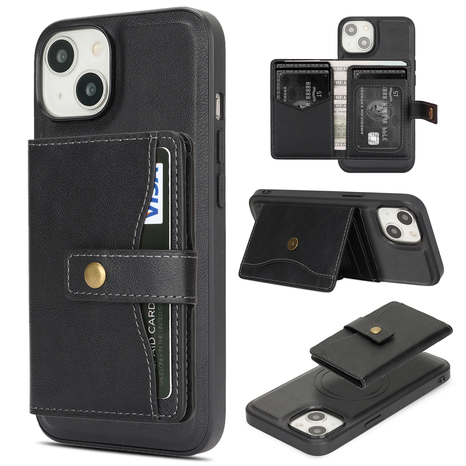 For iPhone 13 Kickstand Case Detachable Card Bag Compatible with MagSafe PU Leather Coated TPU Phone Cover - Black