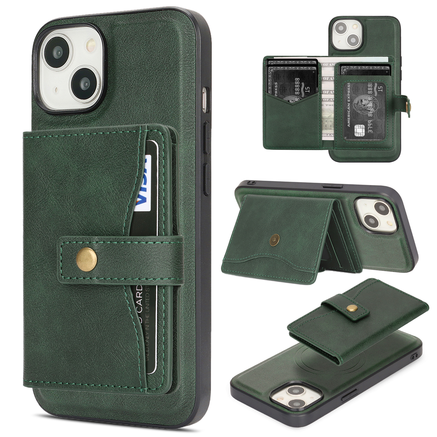 For iPhone 13 Kickstand Case Detachable Card Bag Compatible with MagSafe PU Leather Coated TPU Phone Cover - Green