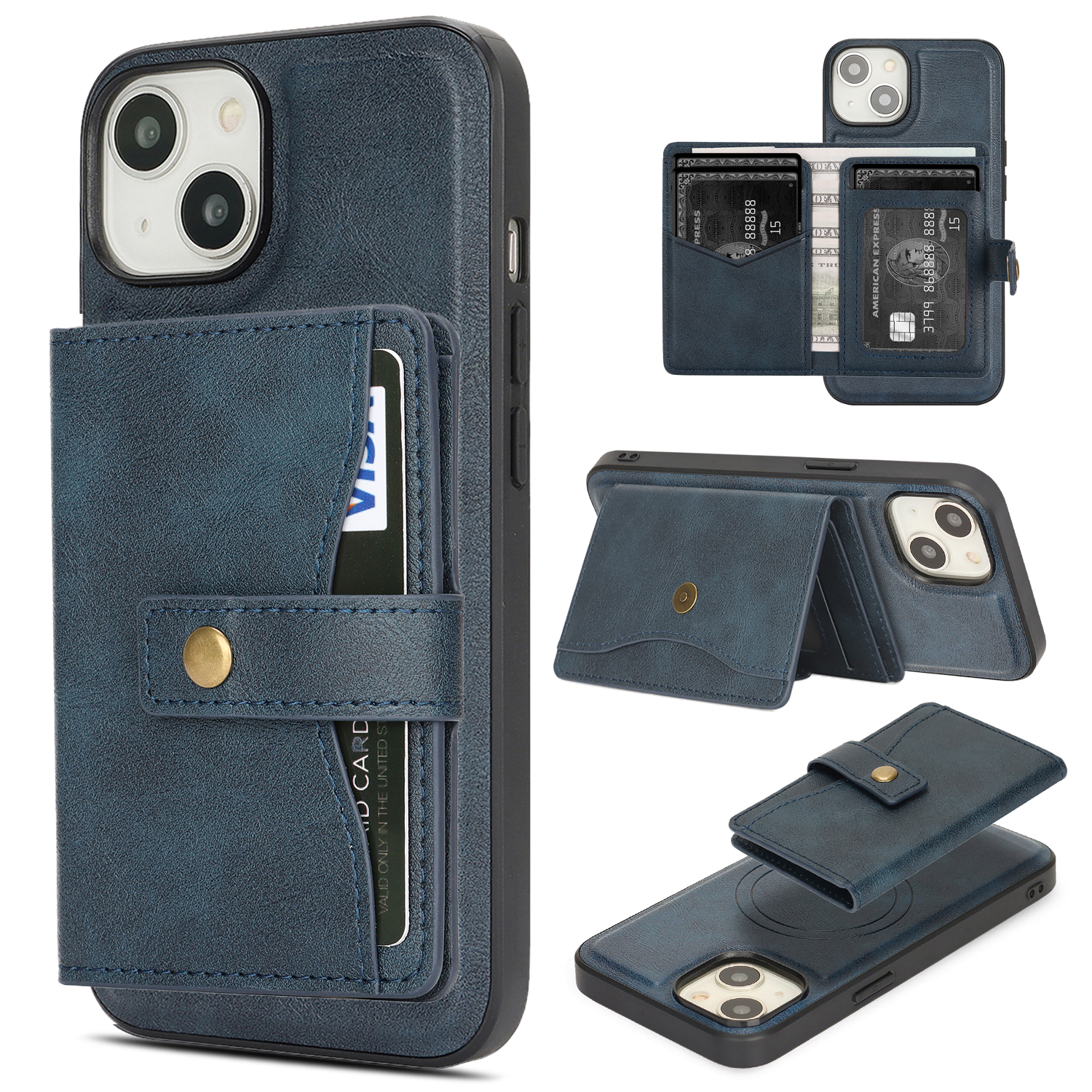 For iPhone 14 Kickstand Case Detachable Card Bag Compatible with MagSafe PU Leather Coated TPU Phone Cover - Blue