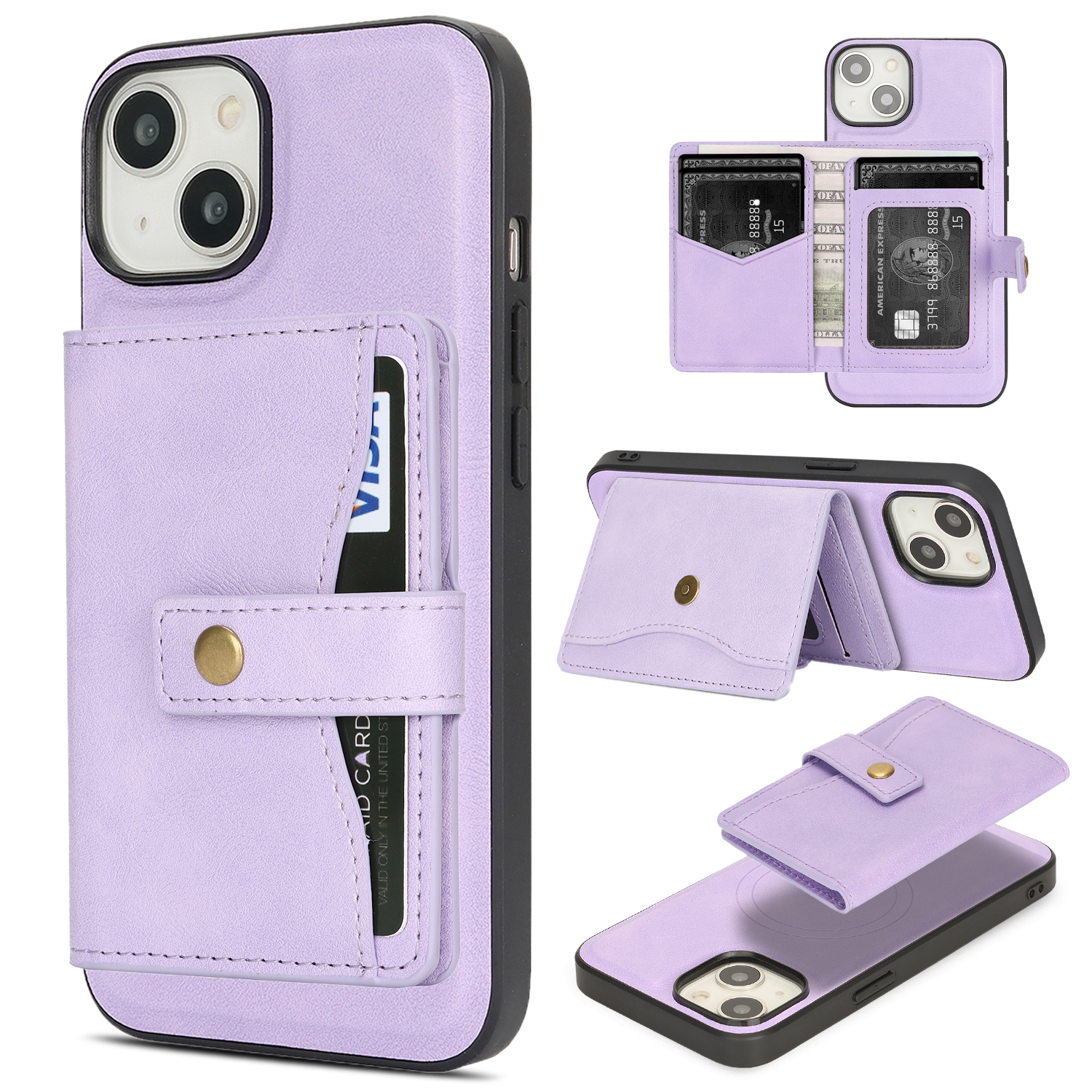 For iPhone 14 Kickstand Case Detachable Card Bag Compatible with MagSafe PU Leather Coated TPU Phone Cover - Purple