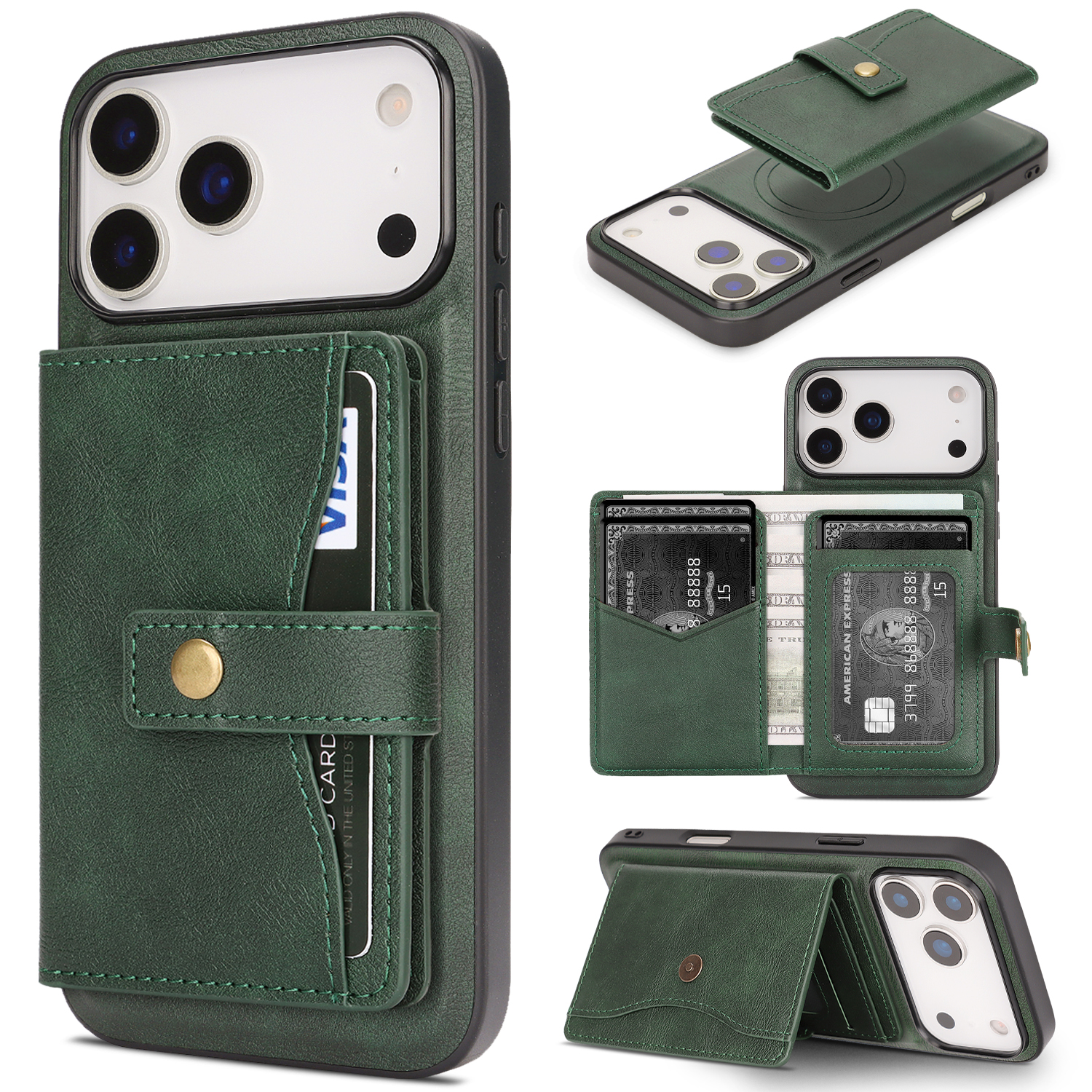 For iPhone 17 Pro Kickstand Case Detachable Card Bag Compatible with MagSafe PU Leather Coated TPU Phone Cover - Green