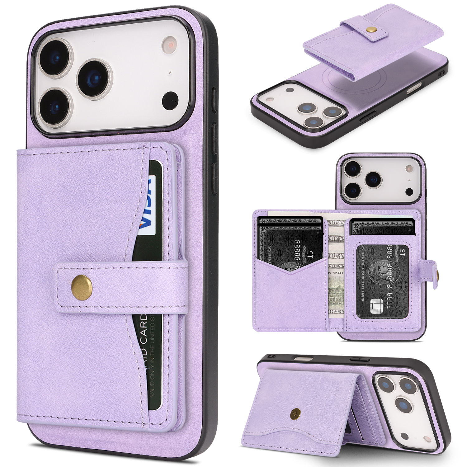 For iPhone 17 Pro Kickstand Case Detachable Card Bag Compatible with MagSafe PU Leather Coated TPU Phone Cover - Purple
