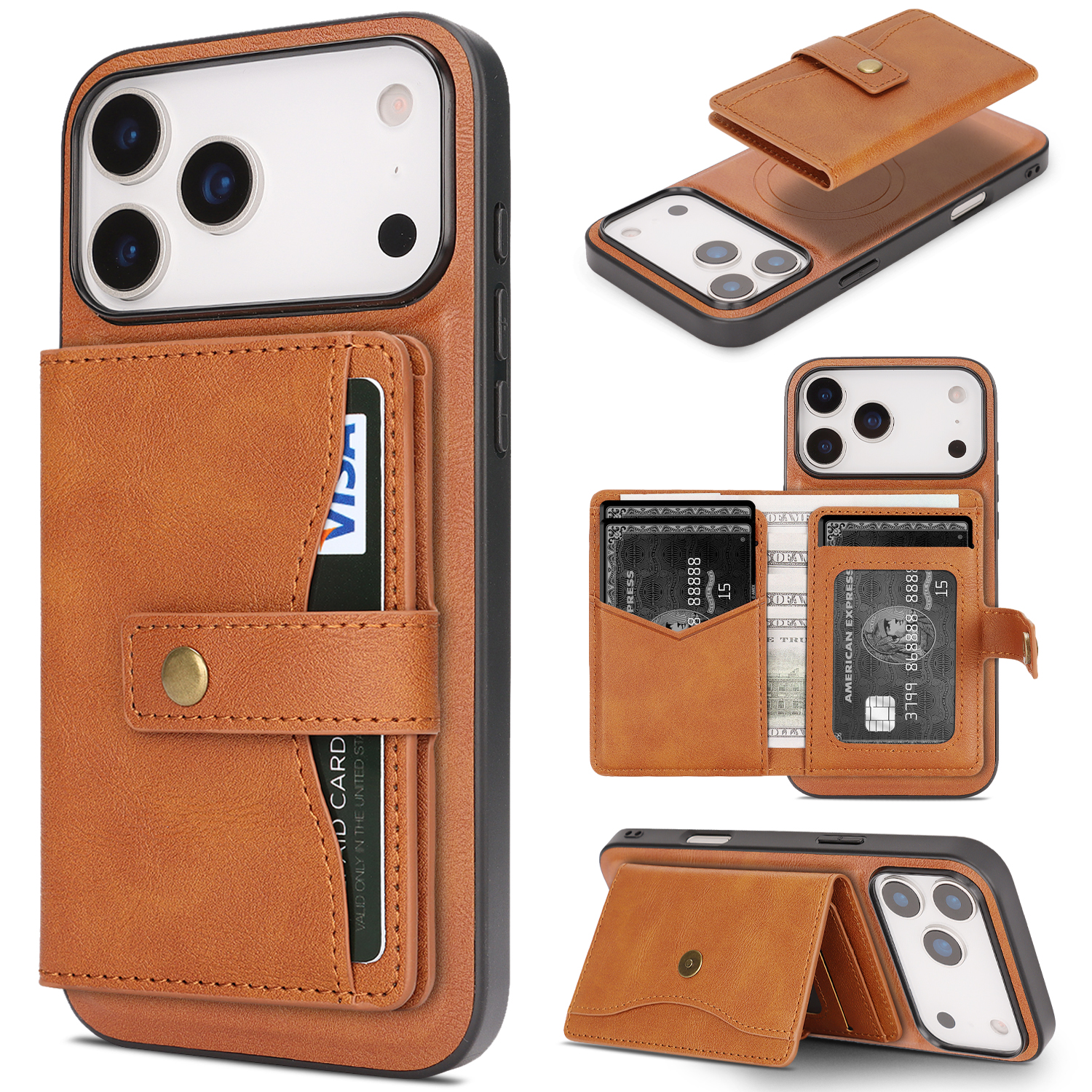 For iPhone 17 Pro Kickstand Case Detachable Card Bag Compatible with MagSafe PU Leather Coated TPU Phone Cover - Brown