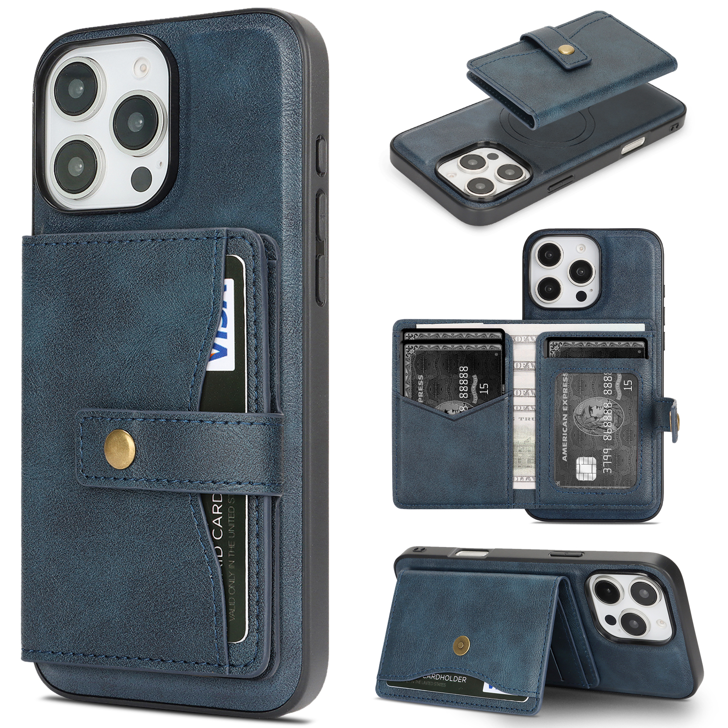 For iPhone 16 Pro Max Kickstand Case Detachable Card Bag Compatible with MagSafe PU Leather Coated TPU Phone Cover - Blue