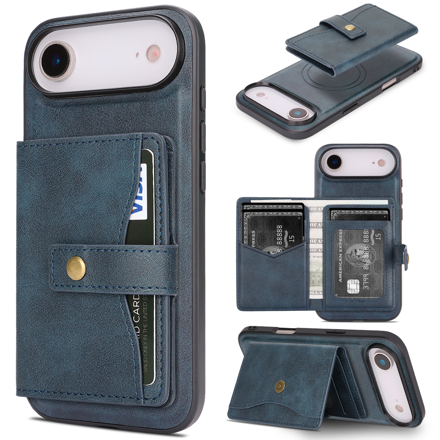 For iPhone Air Kickstand Case Detachable Card Bag Compatible with MagSafe PU Leather Coated TPU Phone Cover - Blue