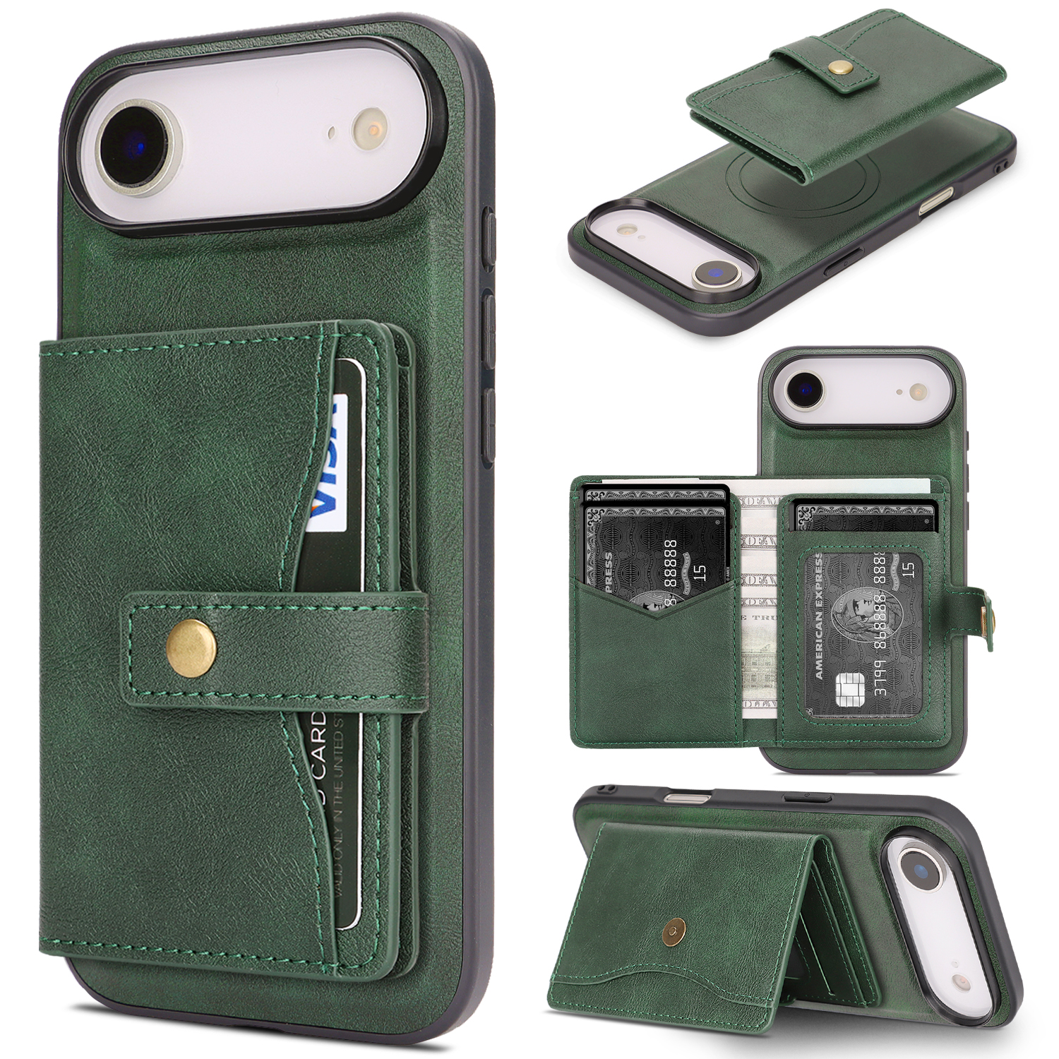 For iPhone Air Kickstand Case Detachable Card Bag Compatible with MagSafe PU Leather Coated TPU Phone Cover - Green