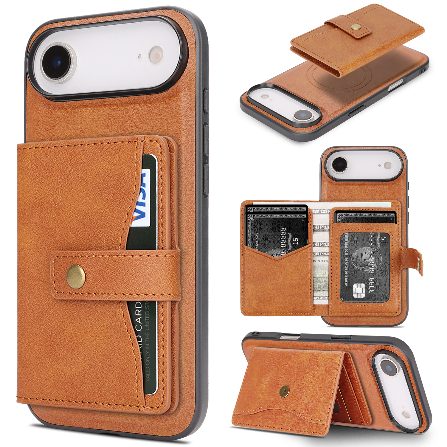 For iPhone Air Kickstand Case Detachable Card Bag Compatible with MagSafe PU Leather Coated TPU Phone Cover - Brown