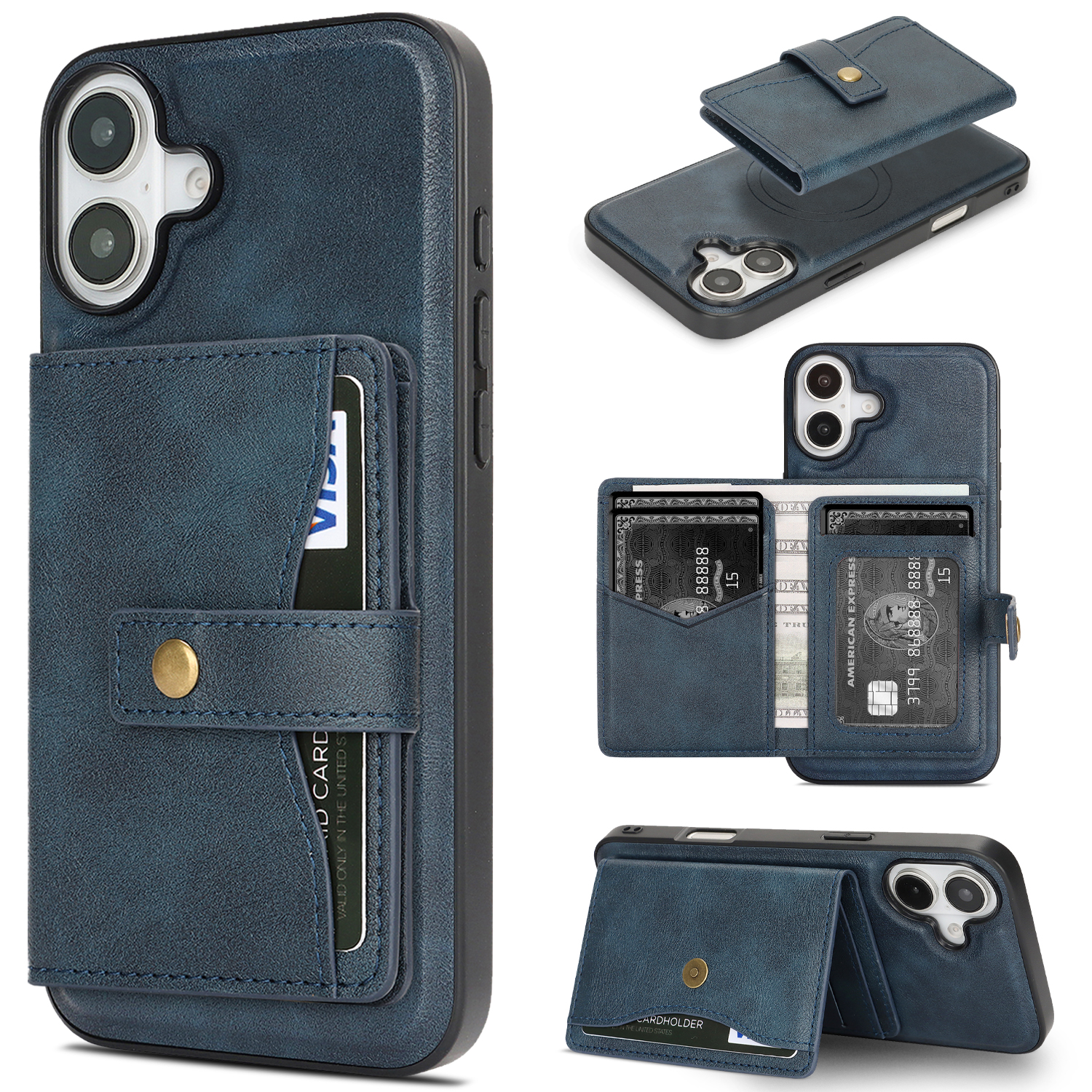 For iPhone 16 Kickstand Case Detachable Card Bag Compatible with MagSafe PU Leather Coated TPU Phone Cover - Blue