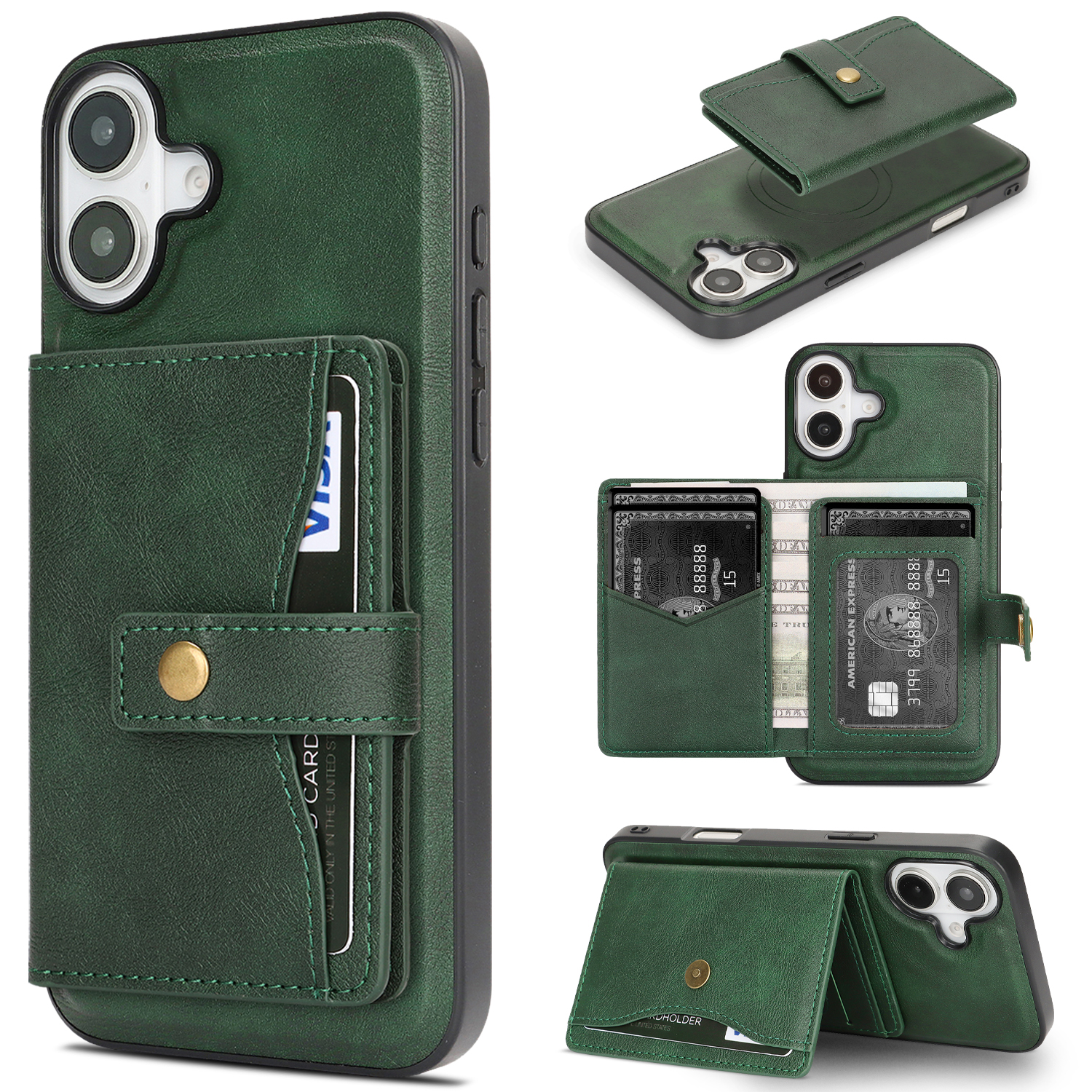 For iPhone 16 Kickstand Case Detachable Card Bag Compatible with MagSafe PU Leather Coated TPU Phone Cover - Green
