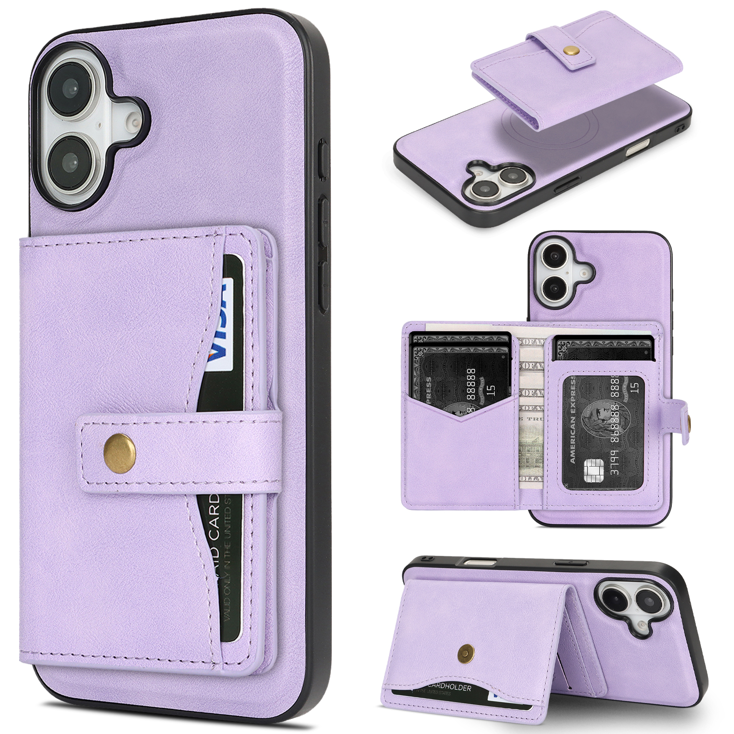 For iPhone 16 Kickstand Case Detachable Card Bag Compatible with MagSafe PU Leather Coated TPU Phone Cover - Purple