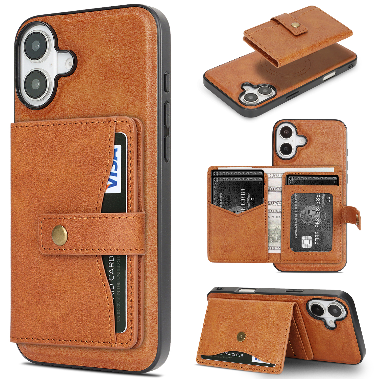 For iPhone 16 Kickstand Case Detachable Card Bag Compatible with MagSafe PU Leather Coated TPU Phone Cover - Brown