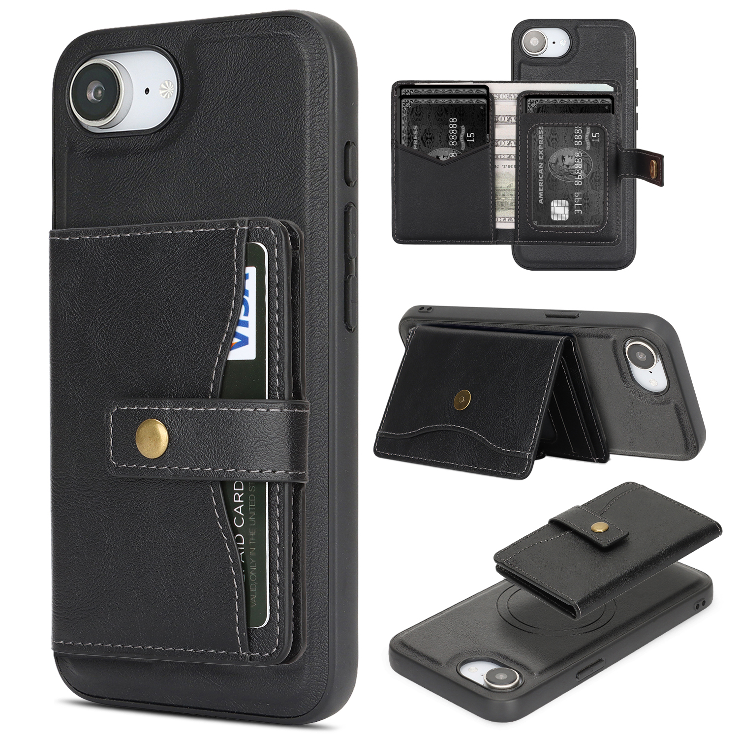 For iPhone 16e Kickstand Case Detachable Card Bag Compatible with MagSafe PU Leather Coated TPU Phone Cover - Black