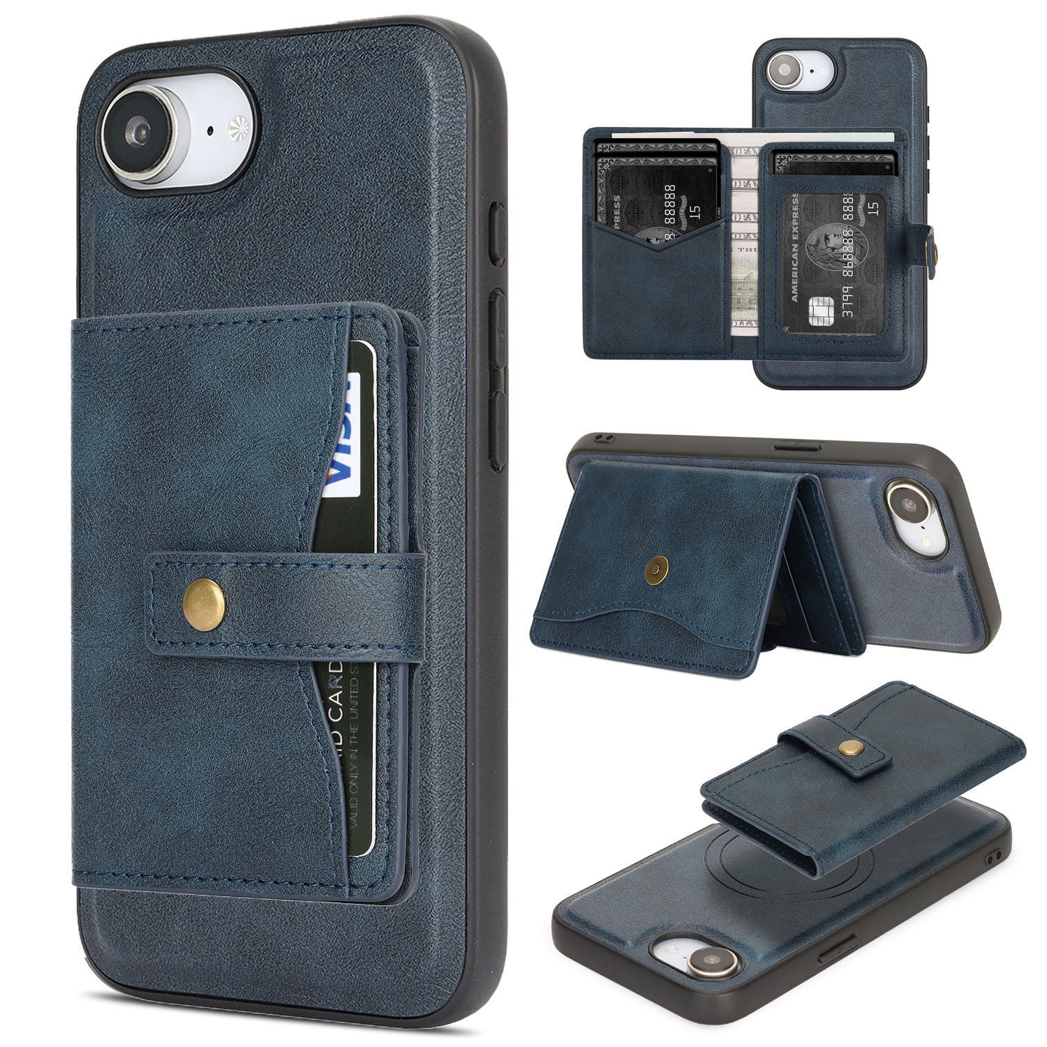 For iPhone 16e Kickstand Case Detachable Card Bag Compatible with MagSafe PU Leather Coated TPU Phone Cover - Blue