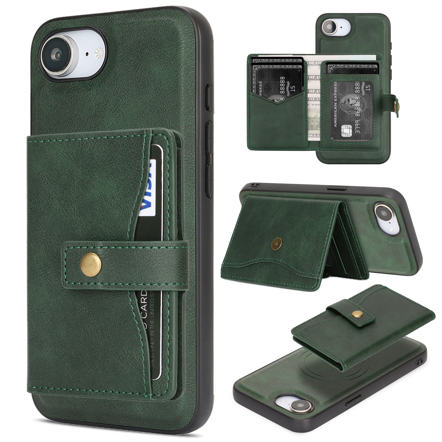For iPhone 16e Kickstand Case Detachable Card Bag Compatible with MagSafe PU Leather Coated TPU Phone Cover - Green