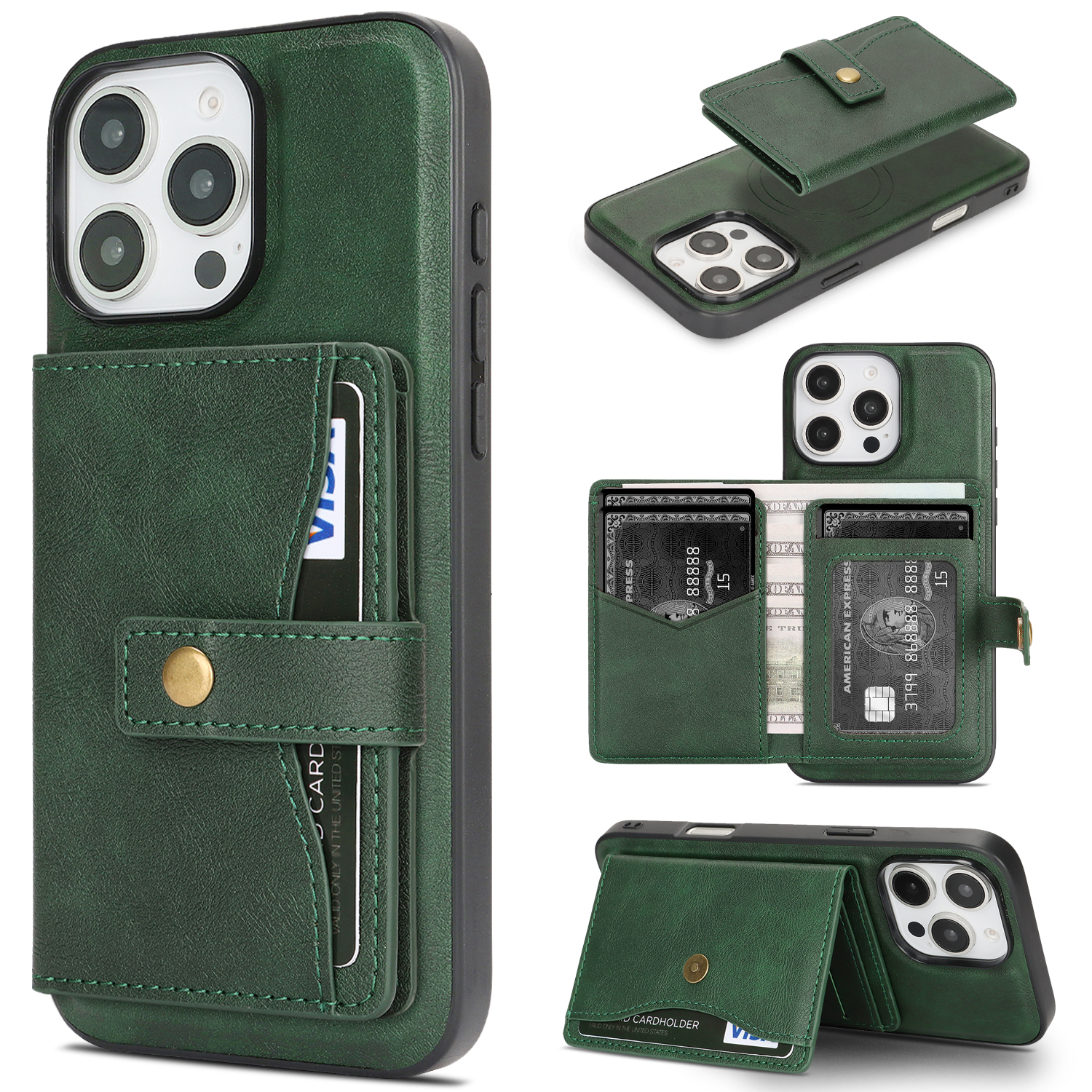 For iPhone 15 Pro Max Kickstand Case Detachable Card Bag Compatible with MagSafe PU Leather Coated TPU Phone Cover - Green