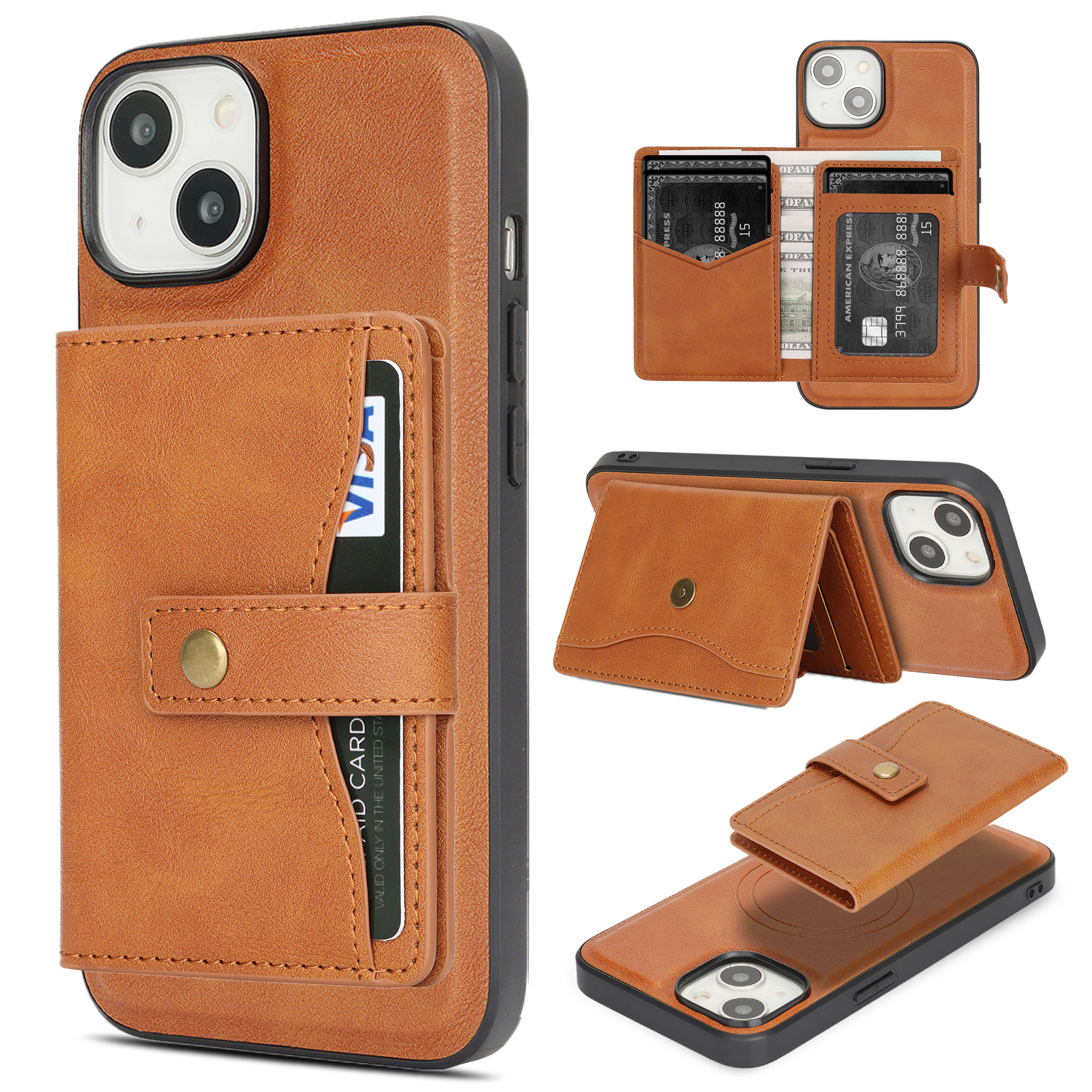 For iPhone 15 Kickstand Case Detachable Card Bag Compatible with MagSafe PU Leather Coated TPU Phone Cover - Brown