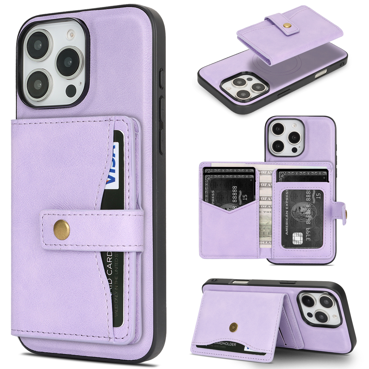 For iPhone 14 Pro Max Kickstand Case Detachable Card Bag Compatible with MagSafe PU Leather Coated TPU Phone Cover - Purple