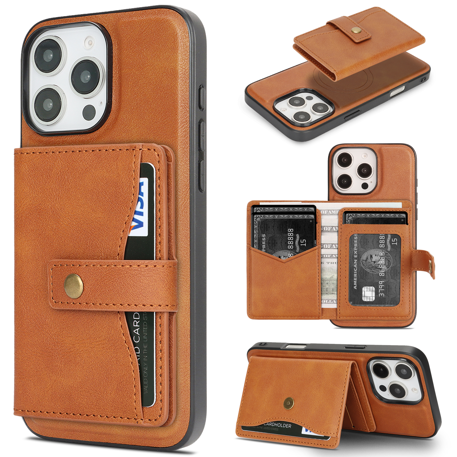For iPhone 14 Pro Kickstand Case Detachable Card Bag Compatible with MagSafe PU Leather Coated TPU Phone Cover - Brown