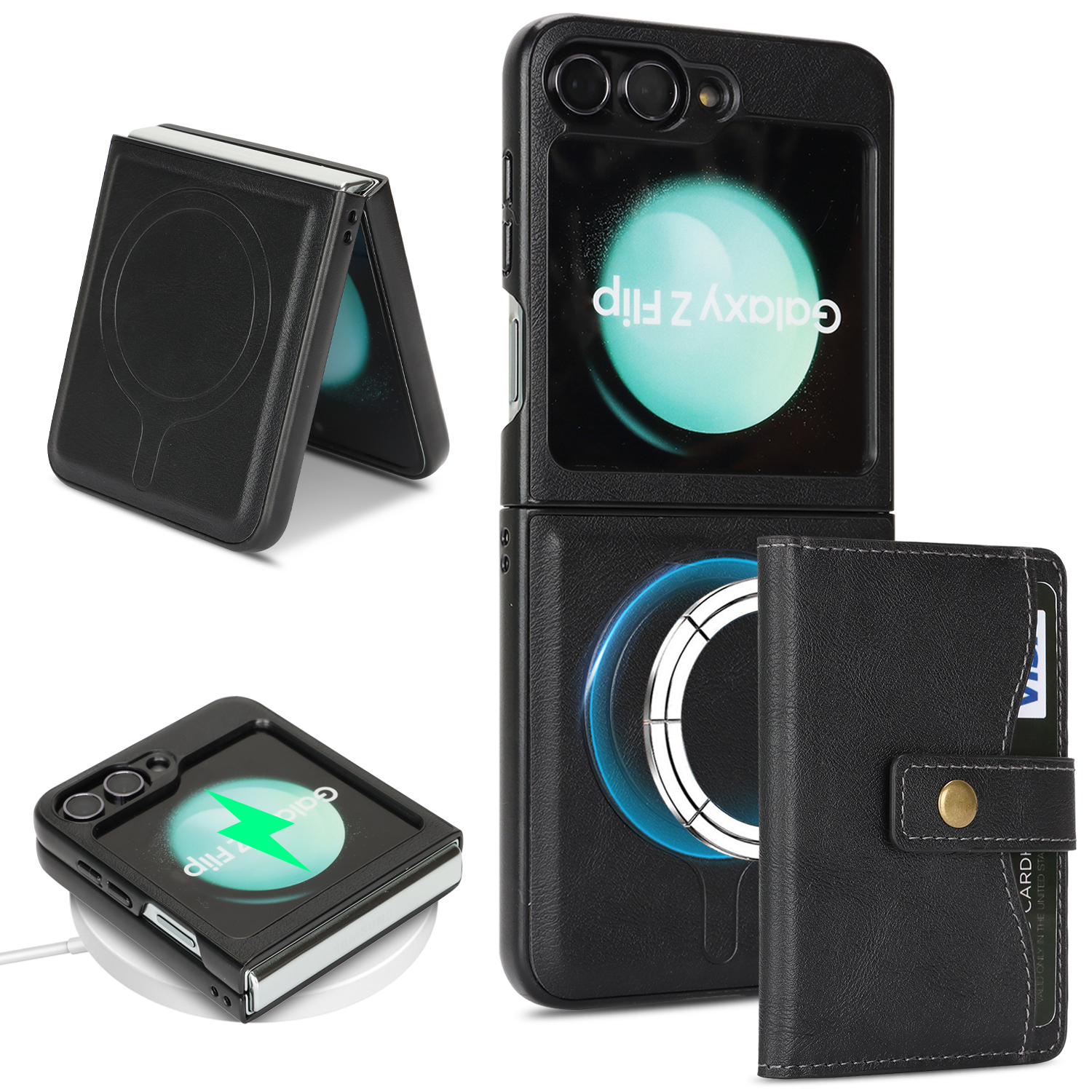 For Samsung Galaxy Z Flip6 5G Kickstand Case Detachable Card Bag Magnetic Case PU Leather Coated TPU Phone Cover - Black