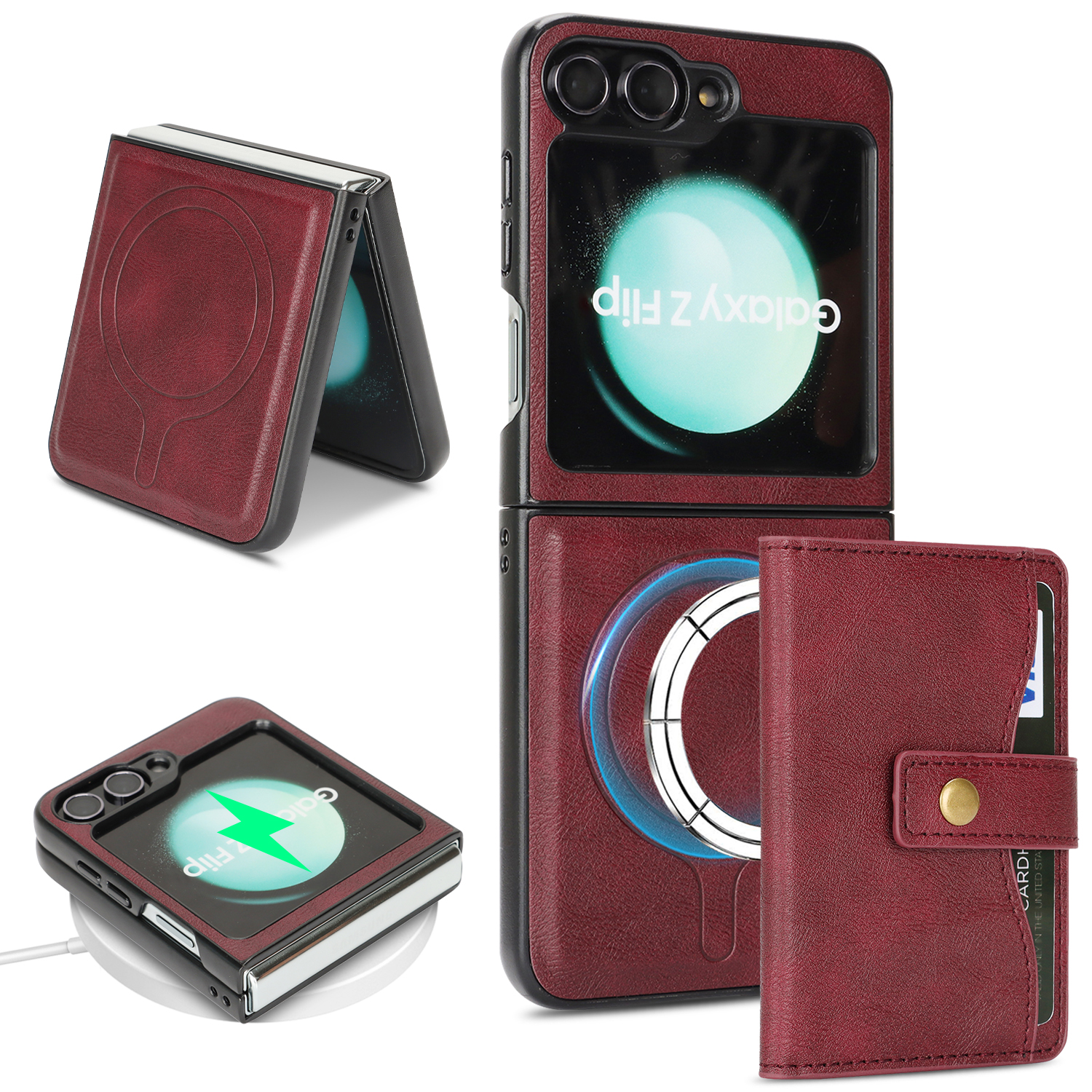 For Samsung Galaxy Z Flip6 5G Kickstand Case Detachable Card Bag Magnetic Case PU Leather Coated TPU Phone Cover - Red