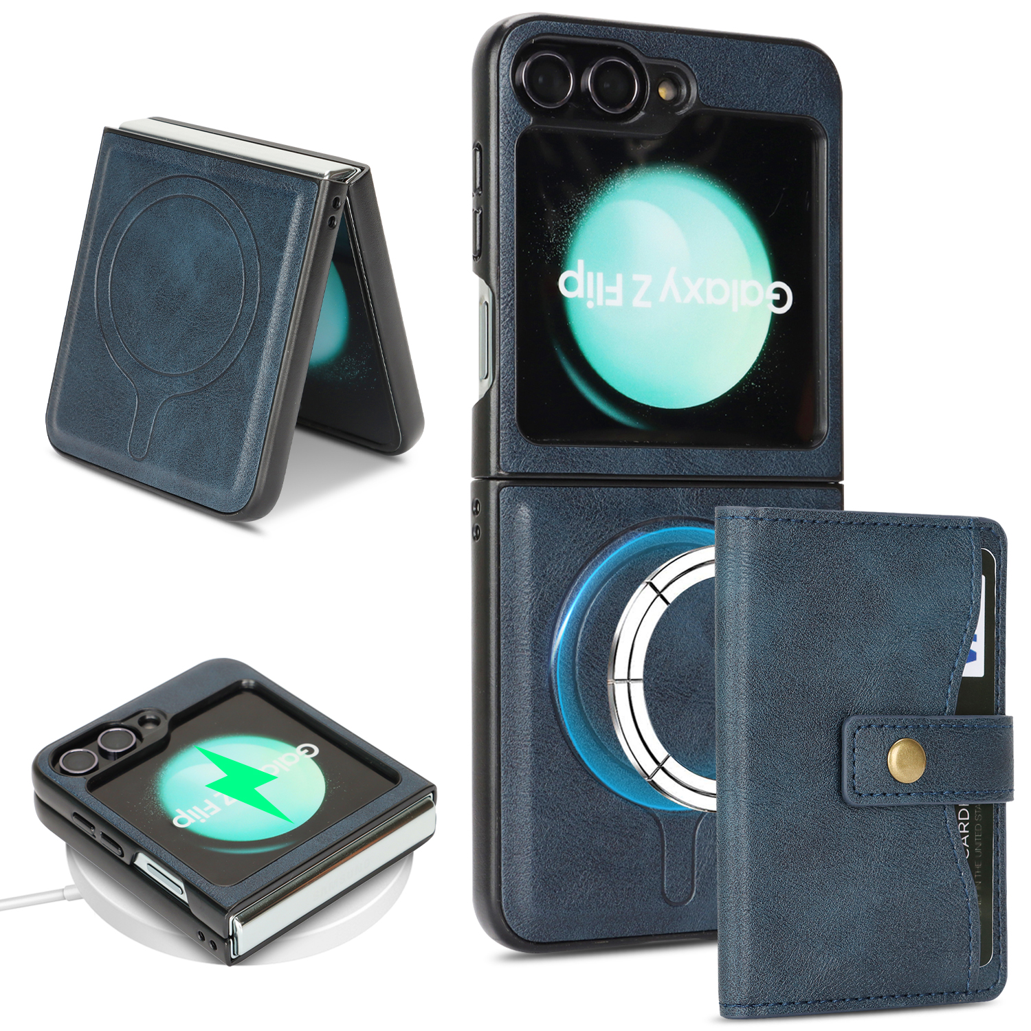 For Samsung Galaxy Z Flip6 5G Kickstand Case Detachable Card Bag Magnetic Case PU Leather Coated TPU Phone Cover - Blue