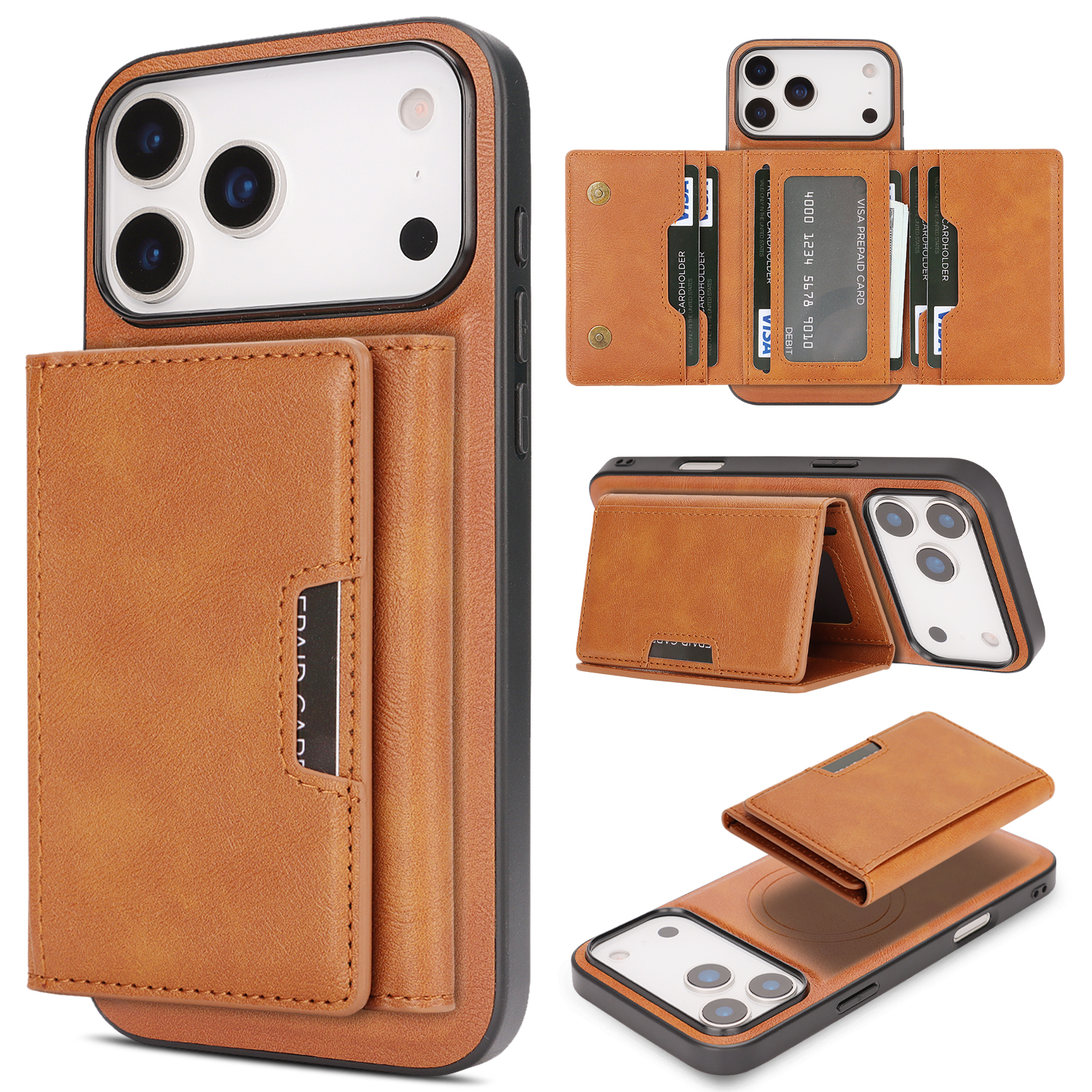 For iPhone 17 Pro Max Kickstand Case Tri-fold Card Bag PU Leather Coated TPU Cover Compatible with MagSafe - Brown