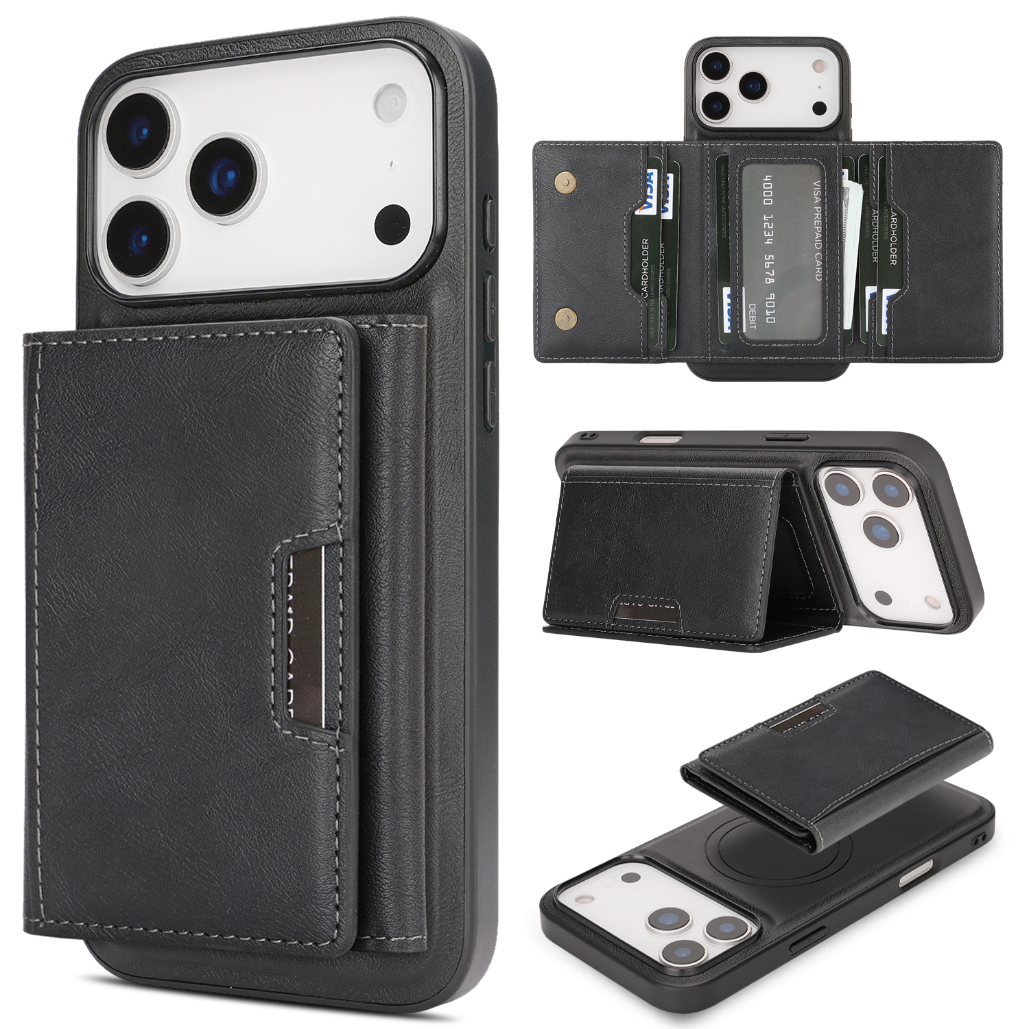 For iPhone 17 Pro Kickstand Case Tri-fold Card Bag PU Leather Coated TPU Cover Compatible with MagSafe - Black