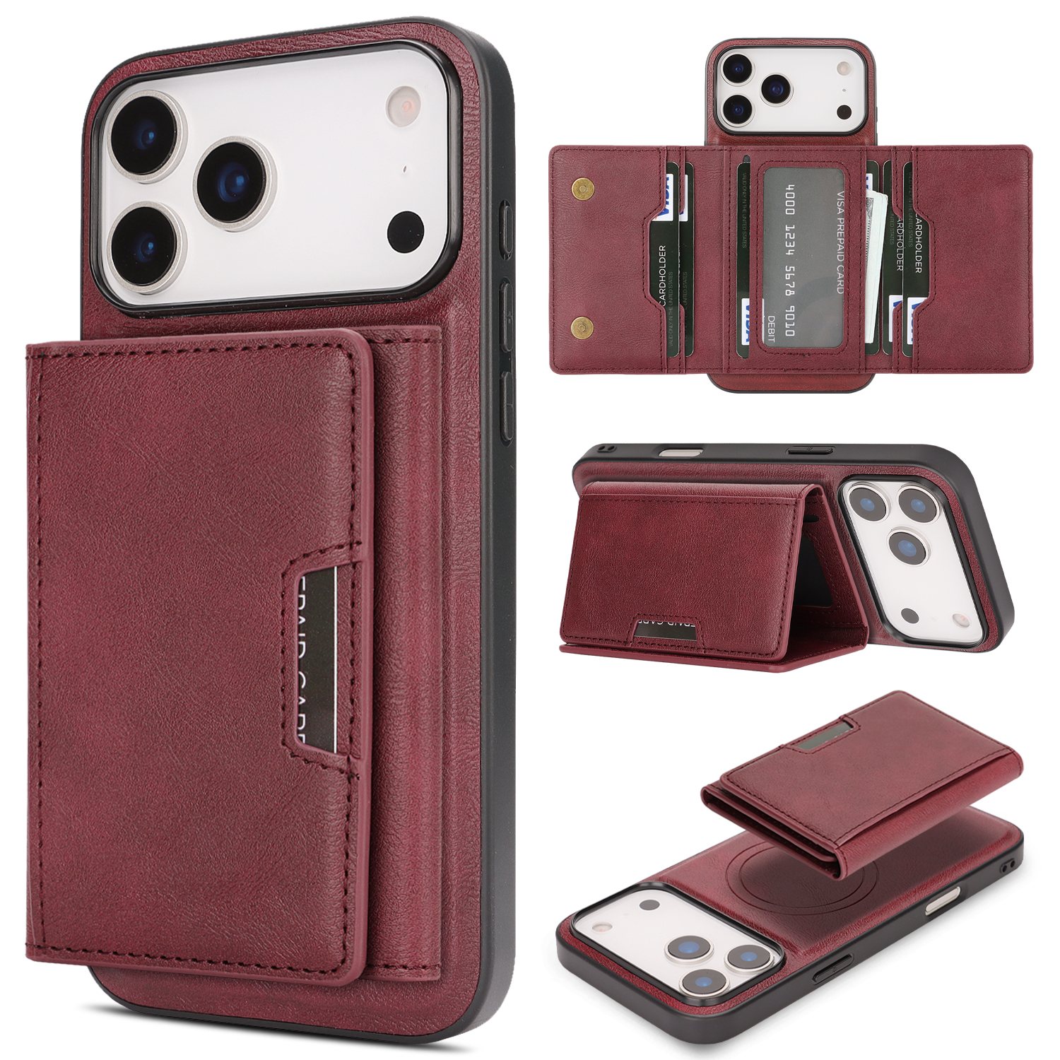 For iPhone 17 Pro Kickstand Case Tri-fold Card Bag PU Leather Coated TPU Cover Compatible with MagSafe - Red