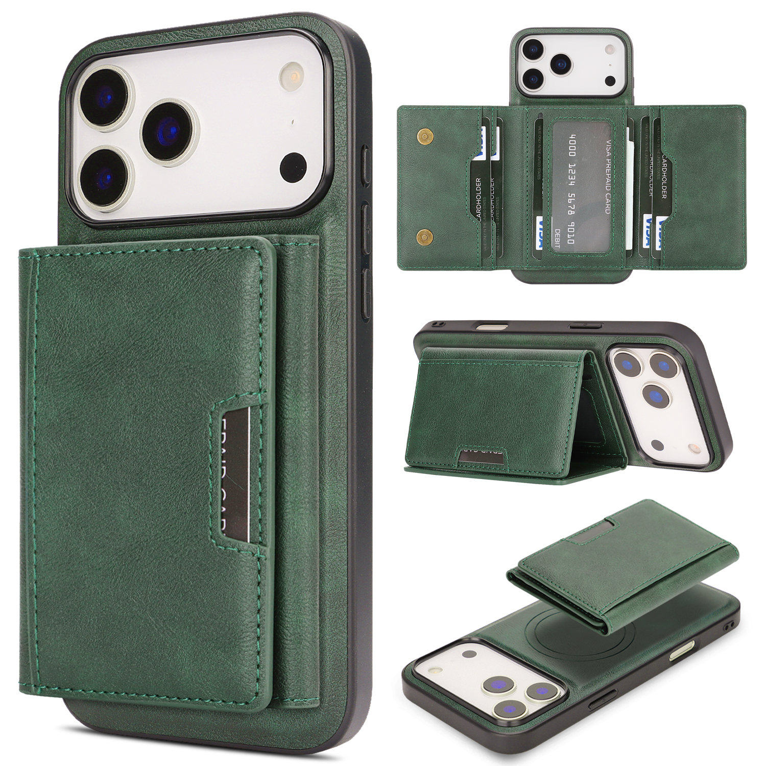 For iPhone 17 Pro Kickstand Case Tri-fold Card Bag PU Leather Coated TPU Cover Compatible with MagSafe - Green
