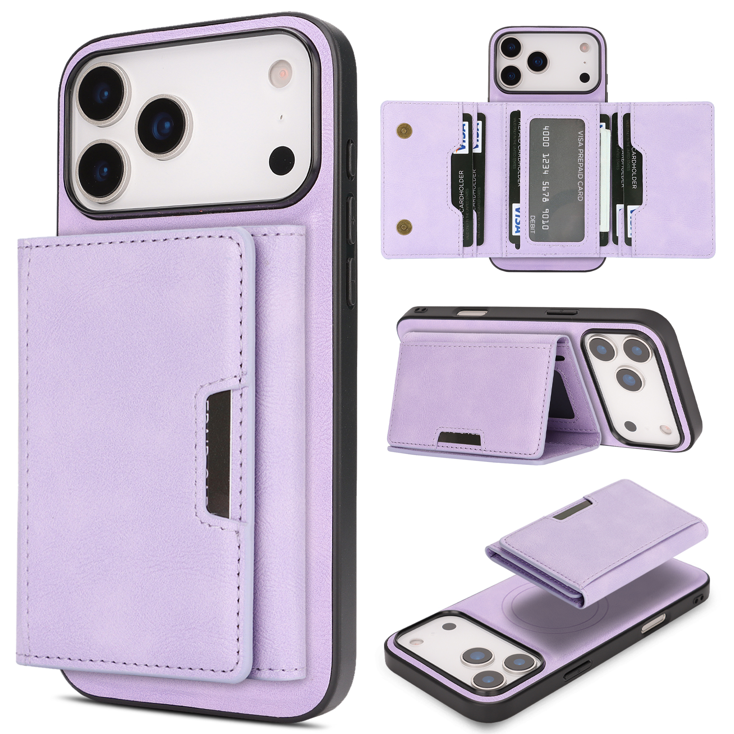 For iPhone 17 Pro Kickstand Case Tri-fold Card Bag PU Leather Coated TPU Cover Compatible with MagSafe - Purple