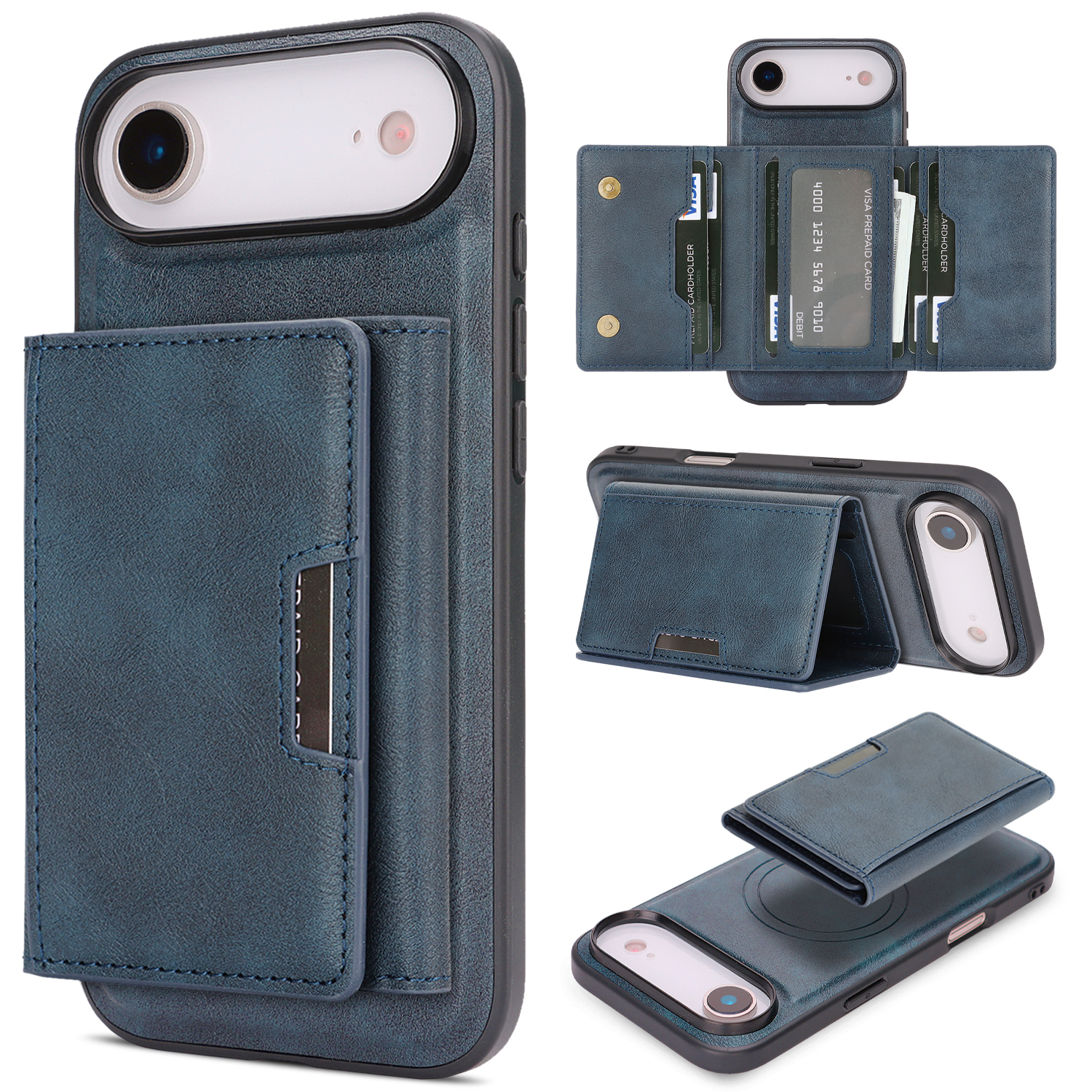 For iPhone Air Kickstand Case Tri-fold Card Bag PU Leather Coated TPU Cover Compatible with MagSafe - Blue