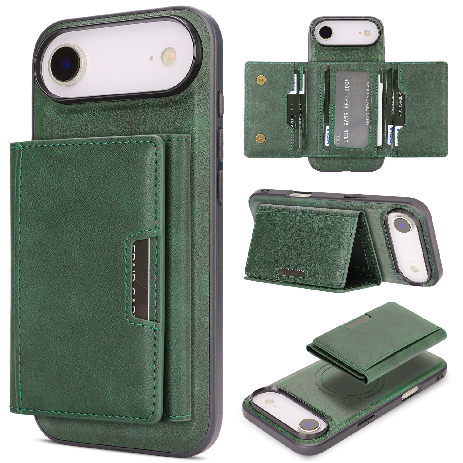 For iPhone Air Kickstand Case Tri-fold Card Bag PU Leather Coated TPU Cover Compatible with MagSafe - Green