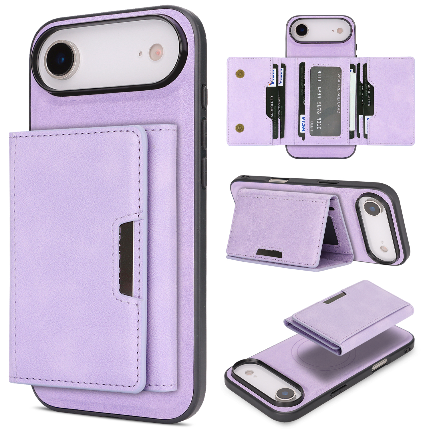 For iPhone Air Kickstand Case Tri-fold Card Bag PU Leather Coated TPU Cover Compatible with MagSafe - Purple