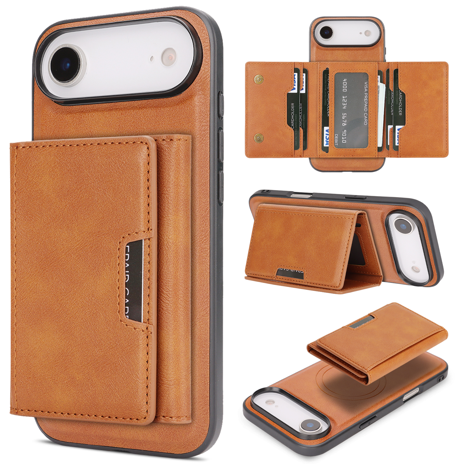 For iPhone Air Kickstand Case Tri-fold Card Bag PU Leather Coated TPU Cover Compatible with MagSafe - Brown