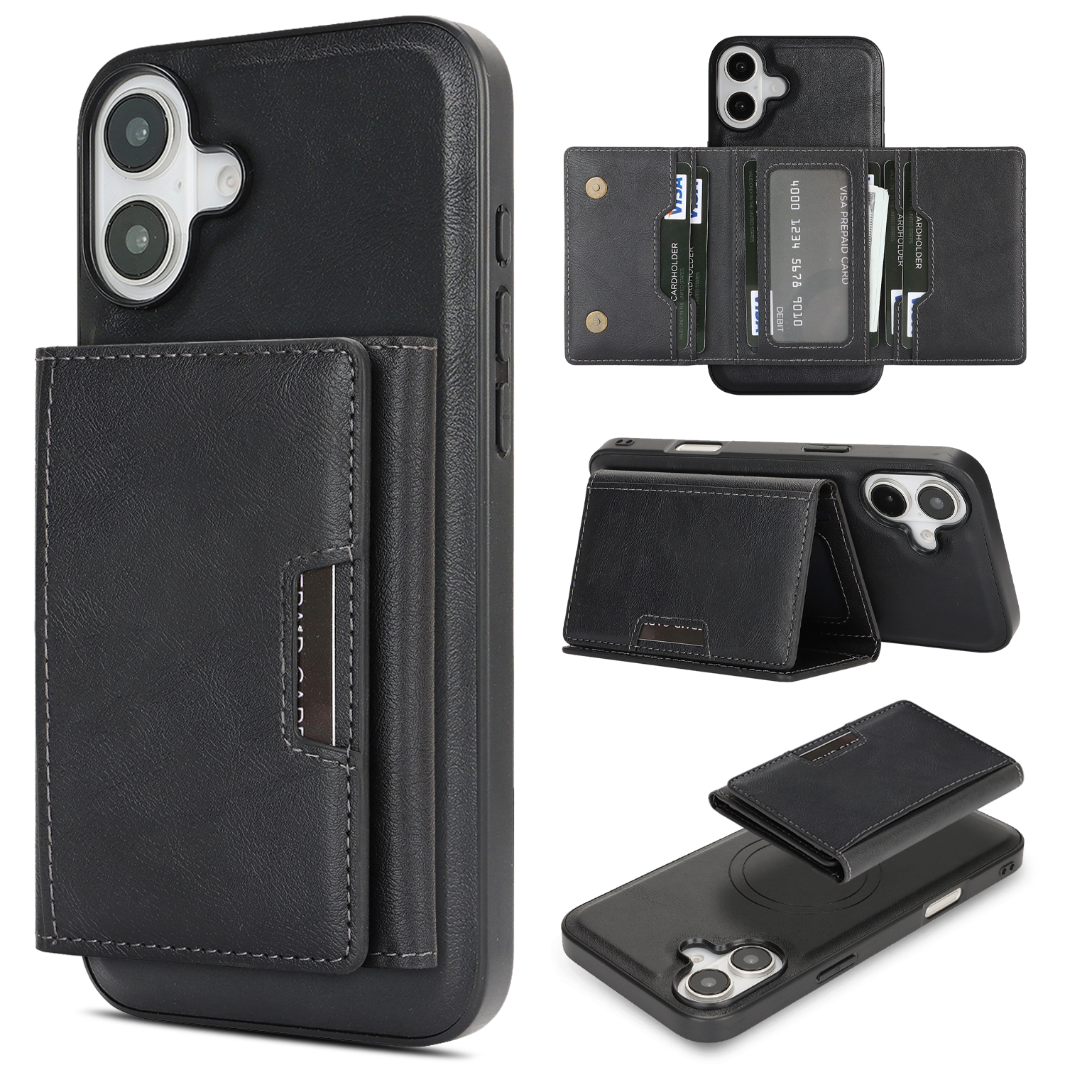 For iPhone 16 Kickstand Case Tri-fold Card Bag PU Leather Coated TPU Cover Compatible with MagSafe - Black
