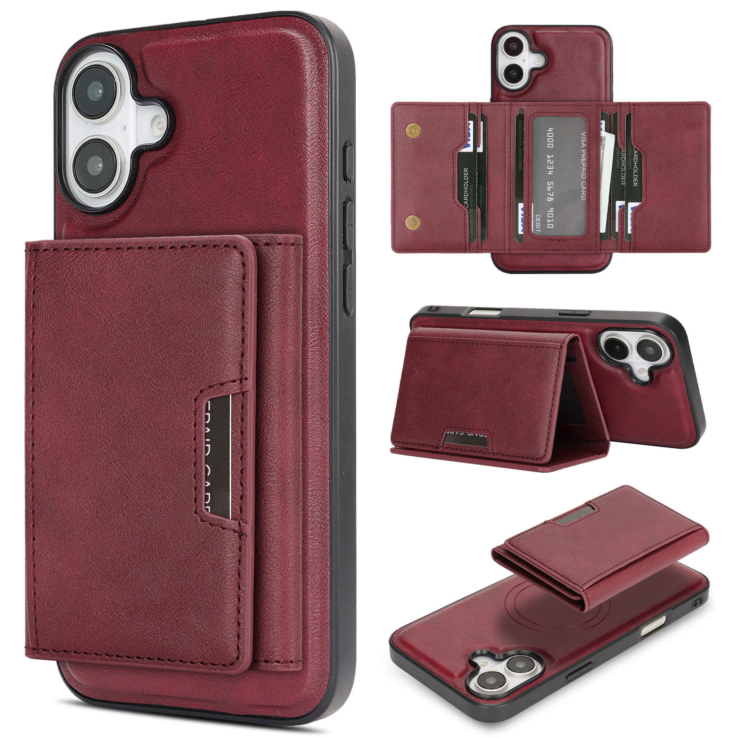 For iPhone 16 Kickstand Case Tri-fold Card Bag PU Leather Coated TPU Cover Compatible with MagSafe - Red