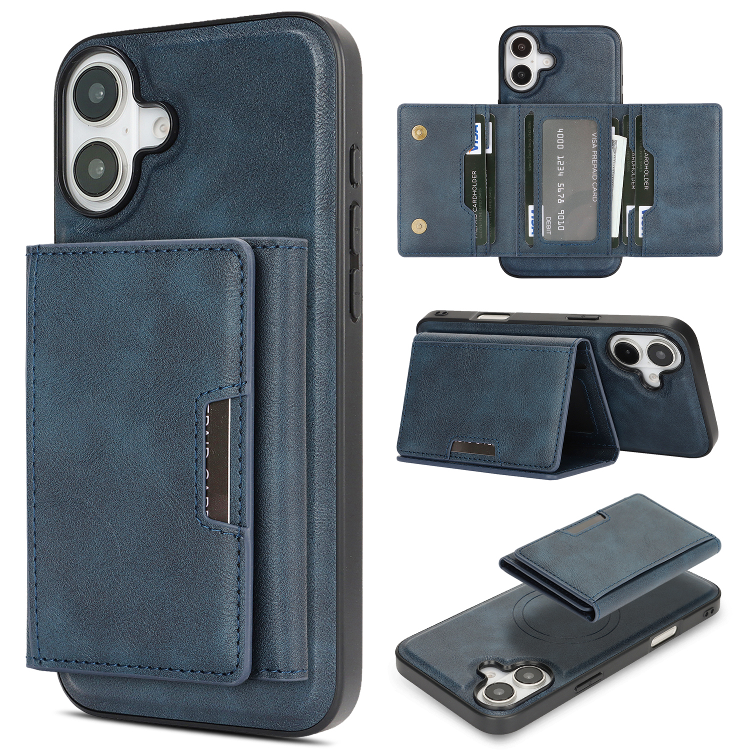 For iPhone 16 Kickstand Case Tri-fold Card Bag PU Leather Coated TPU Cover Compatible with MagSafe - Blue