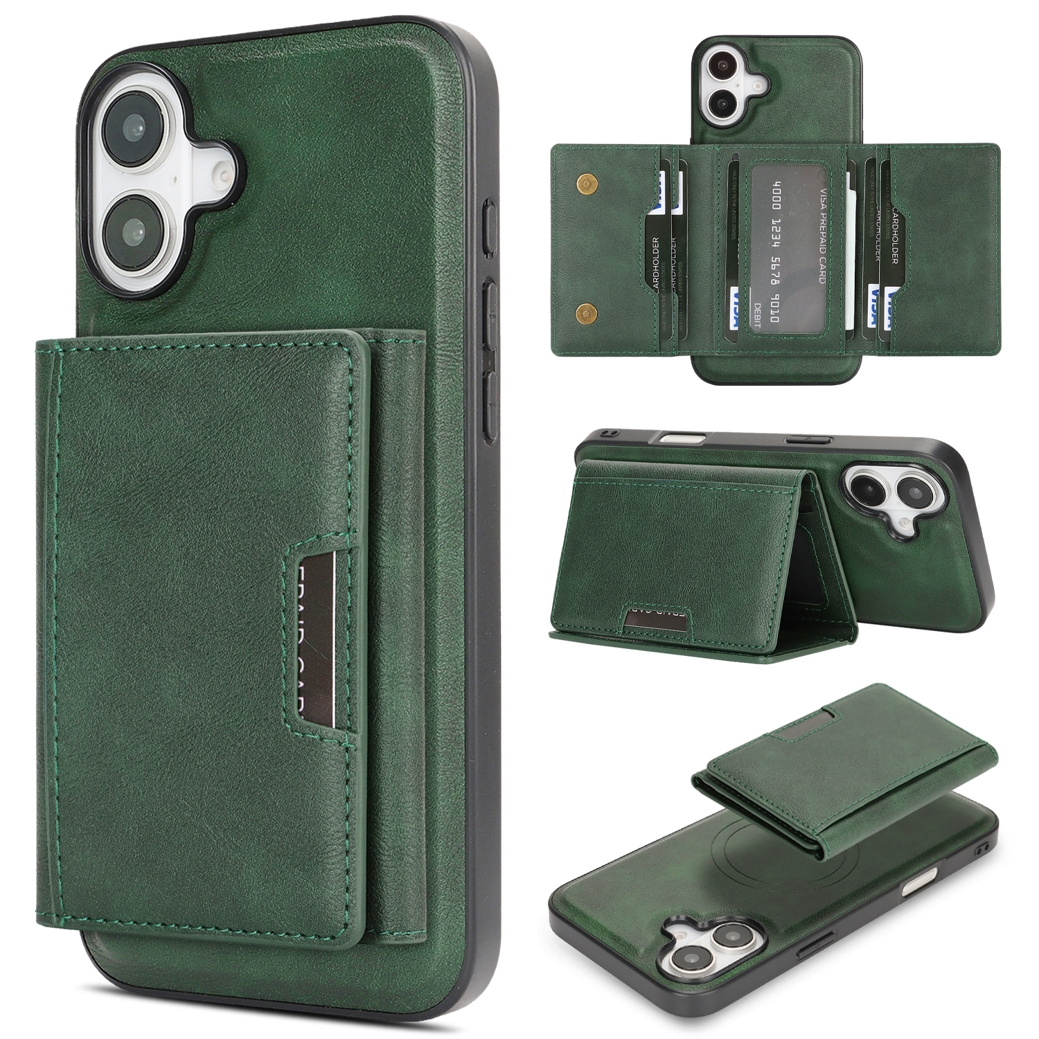 For iPhone 16 Kickstand Case Tri-fold Card Bag PU Leather Coated TPU Cover Compatible with MagSafe - Green