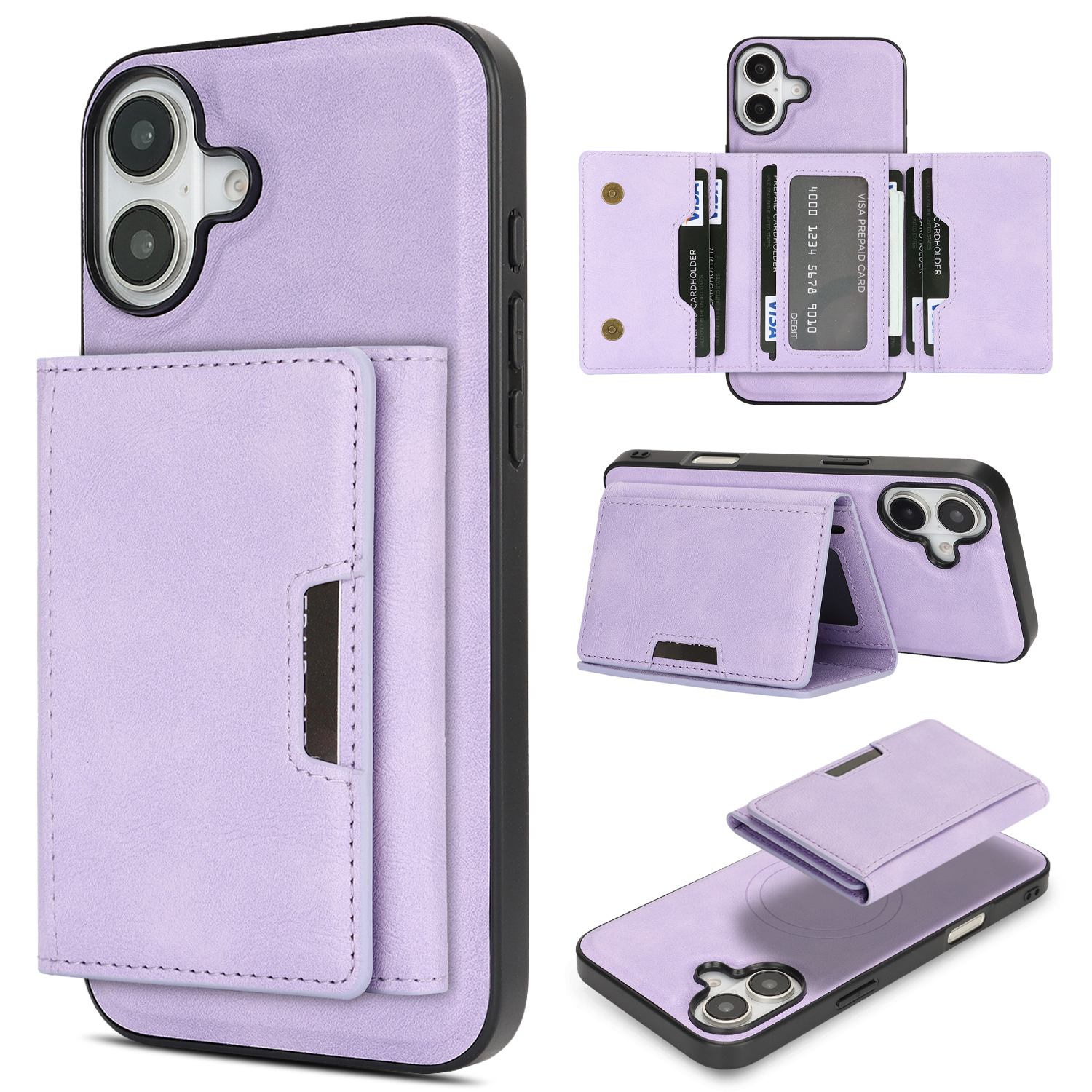 For iPhone 16 Kickstand Case Tri-fold Card Bag PU Leather Coated TPU Cover Compatible with MagSafe - Purple