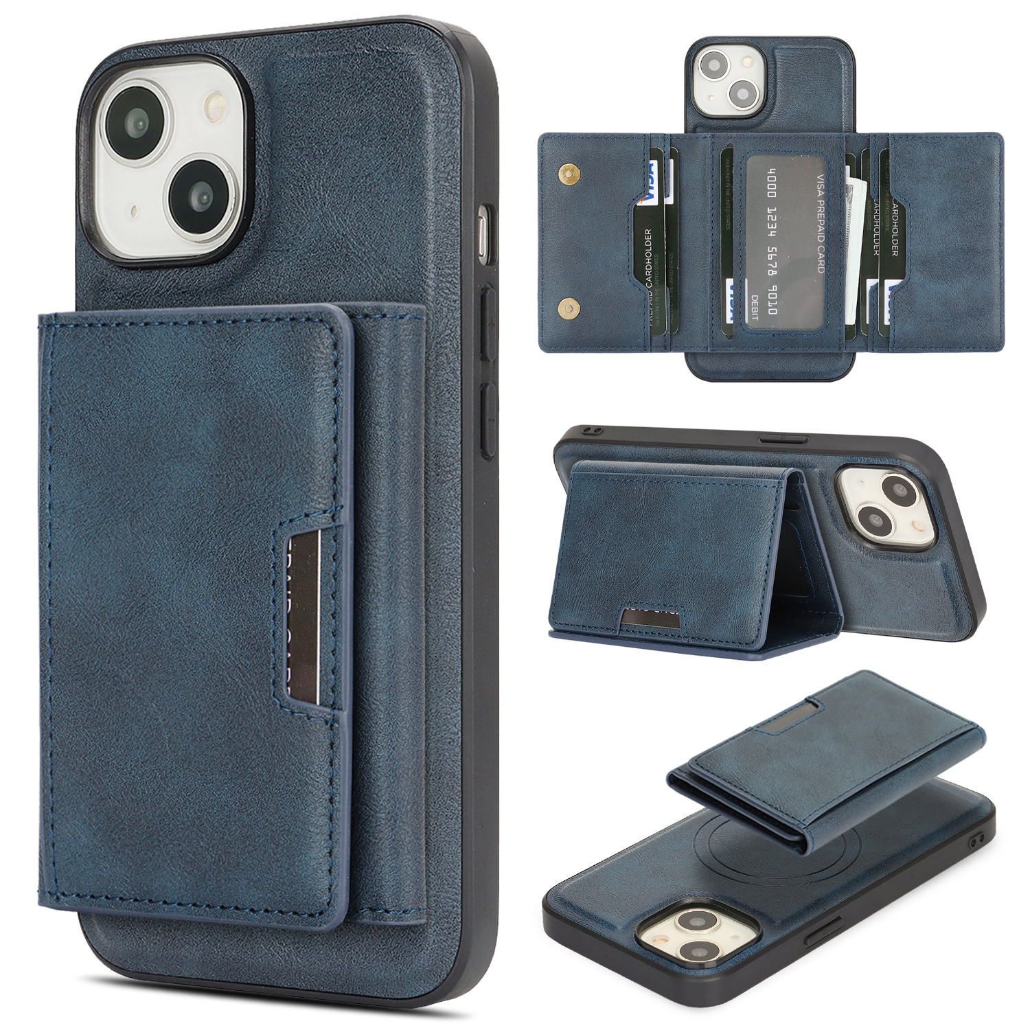 For iPhone 15 Kickstand Case Tri-fold Card Bag PU Leather Coated TPU Cover Compatible with MagSafe - Blue
