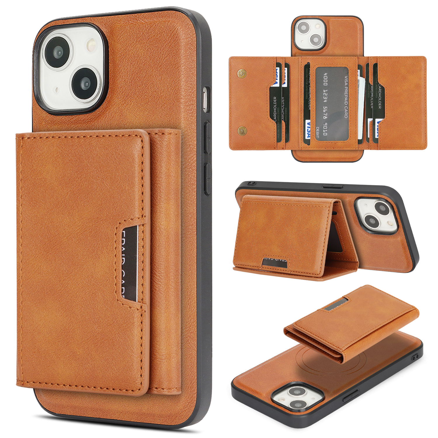 For iPhone 15 Kickstand Case Tri-fold Card Bag PU Leather Coated TPU Cover Compatible with MagSafe - Brown