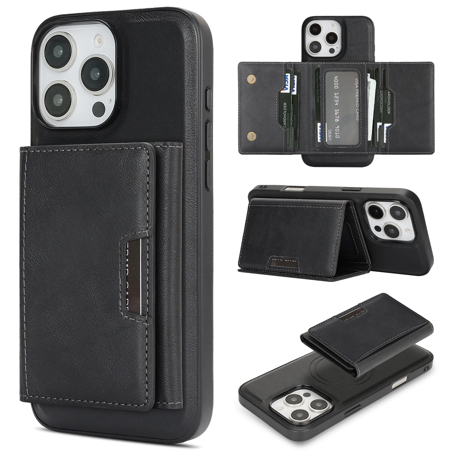 For iPhone 15 Pro Kickstand Case Tri-fold Card Bag PU Leather Coated TPU Cover Compatible with MagSafe - Black