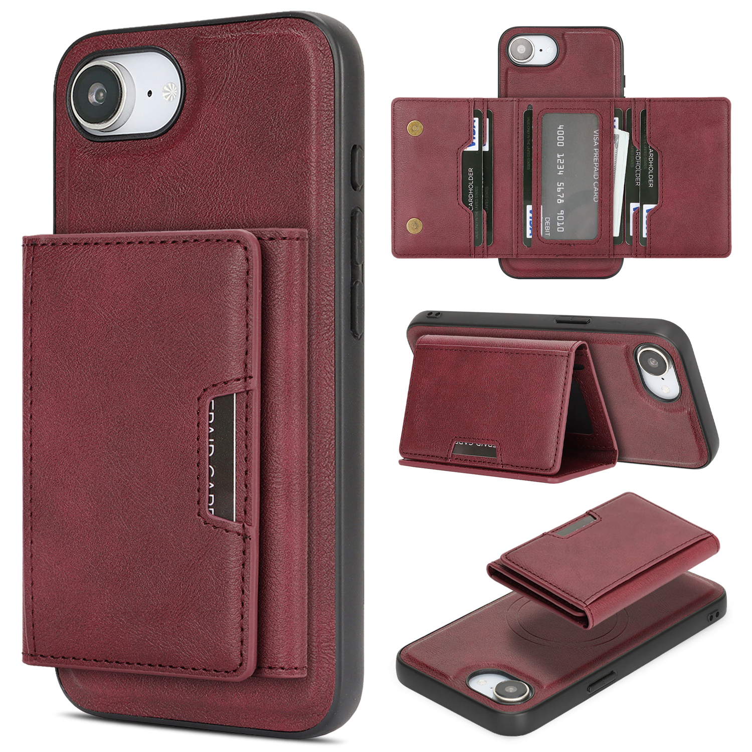 For iPhone 16e Kickstand Case Tri-fold Card Bag PU Leather Coated TPU Cover Compatible with MagSafe - Red