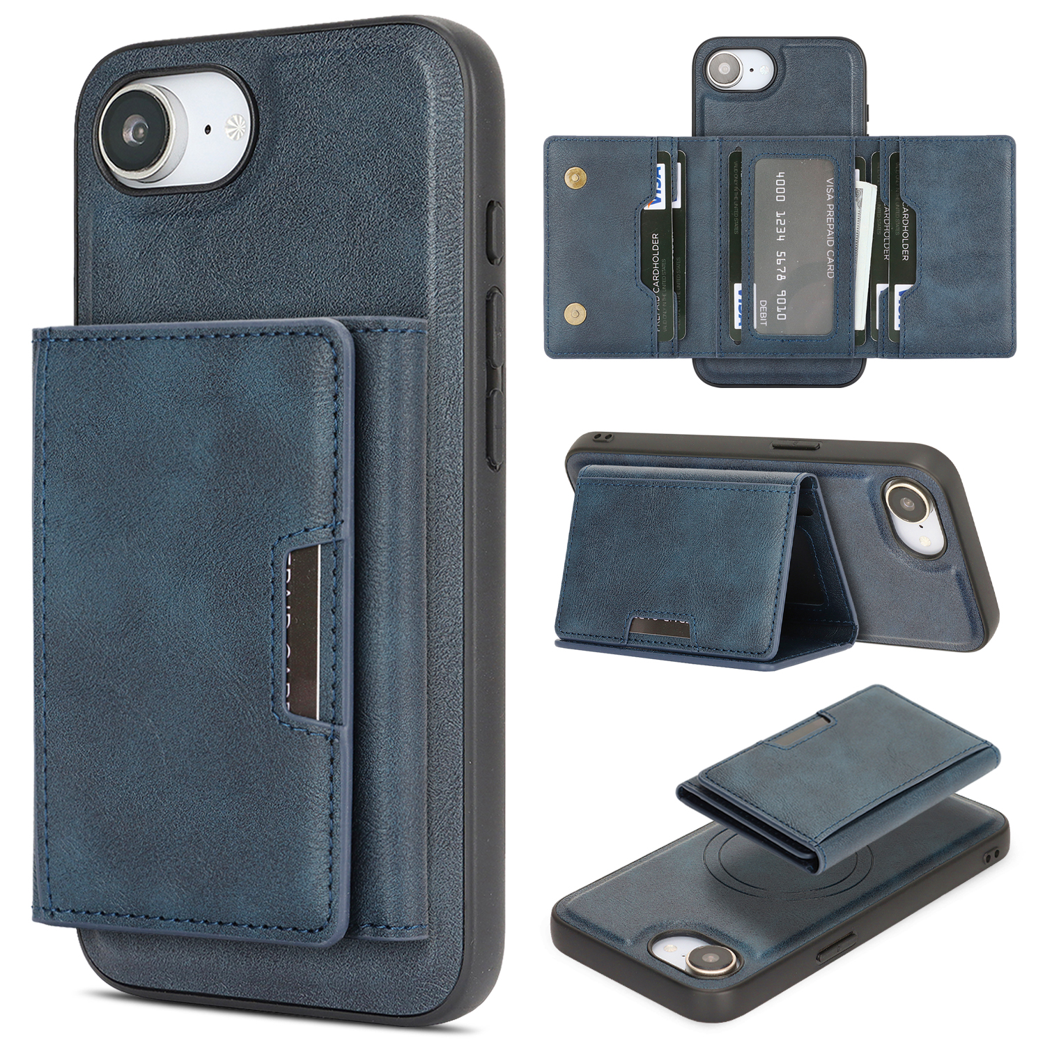 For iPhone 16e Kickstand Case Tri-fold Card Bag PU Leather Coated TPU Cover Compatible with MagSafe - Blue