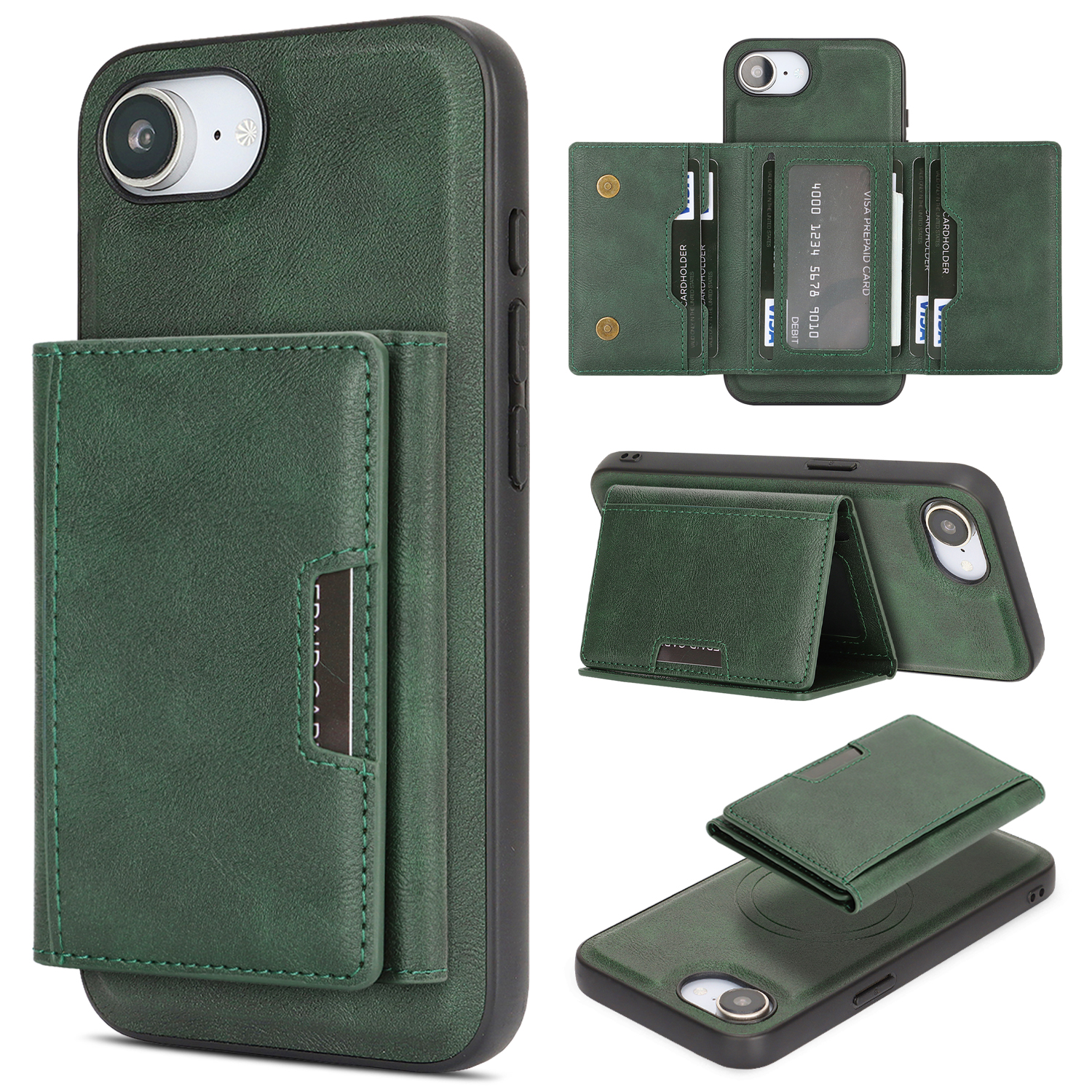 For iPhone 16e Kickstand Case Tri-fold Card Bag PU Leather Coated TPU Cover Compatible with MagSafe - Green