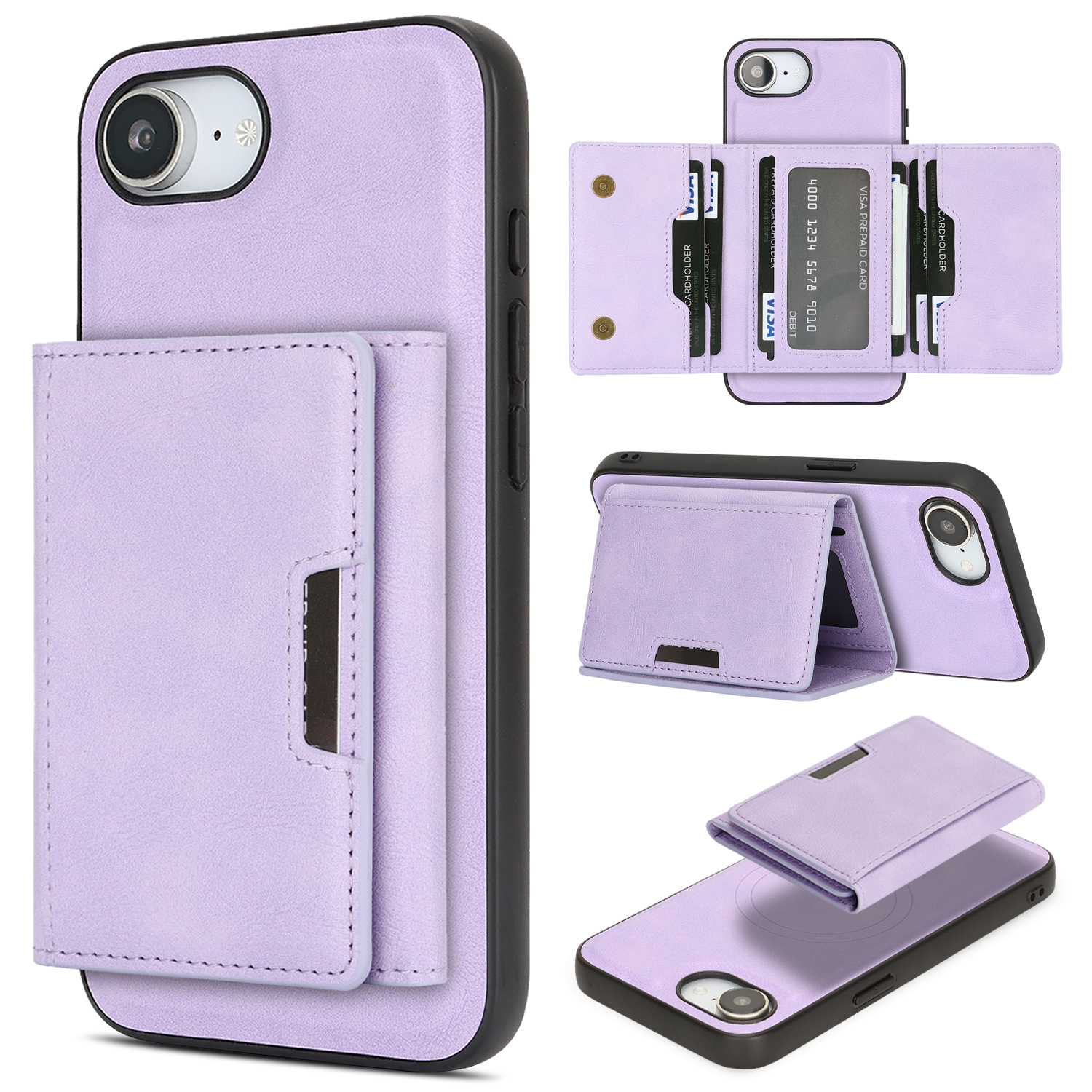 For iPhone 16e Kickstand Case Tri-fold Card Bag PU Leather Coated TPU Cover Compatible with MagSafe - Purple