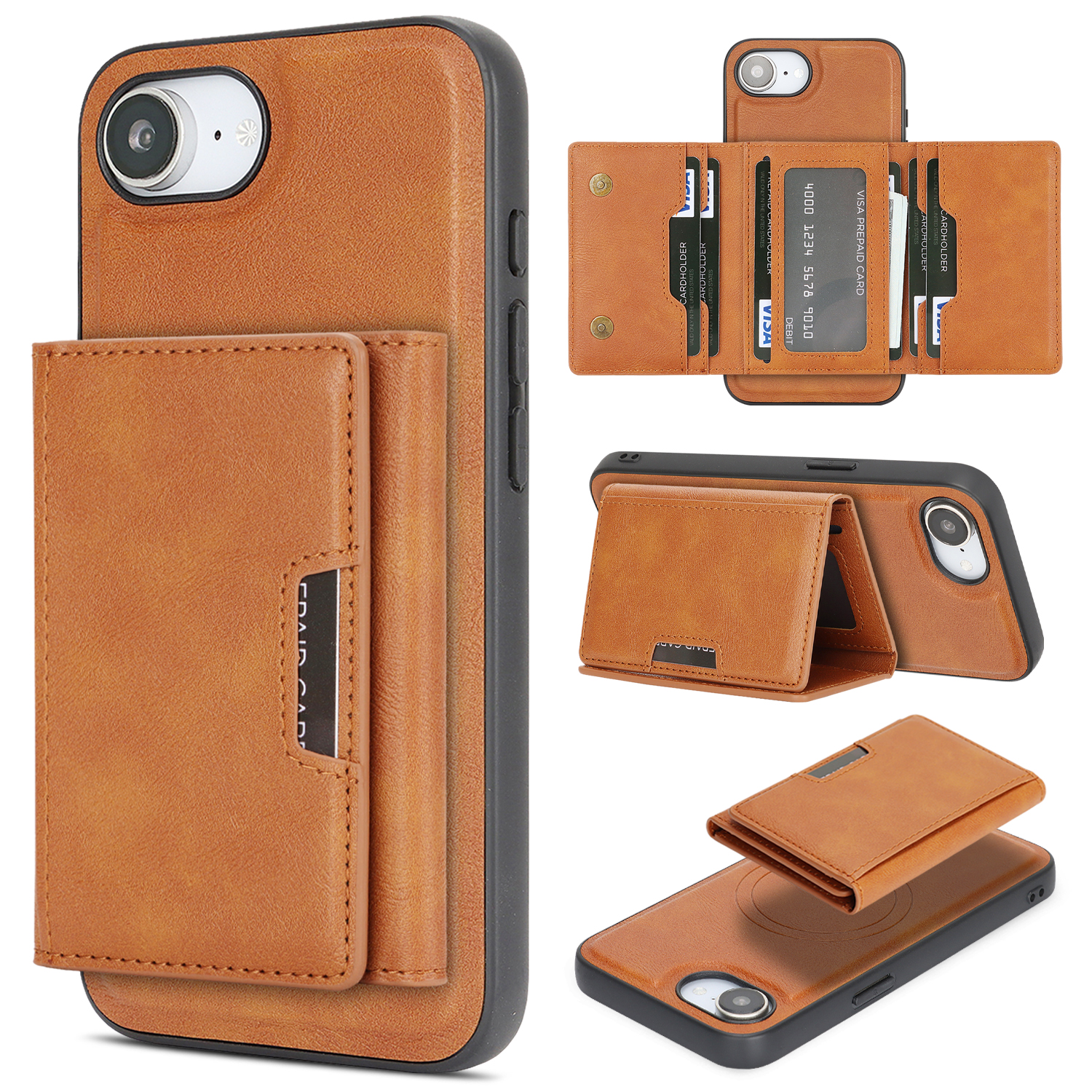 For iPhone 16e Kickstand Case Tri-fold Card Bag PU Leather Coated TPU Cover Compatible with MagSafe - Brown